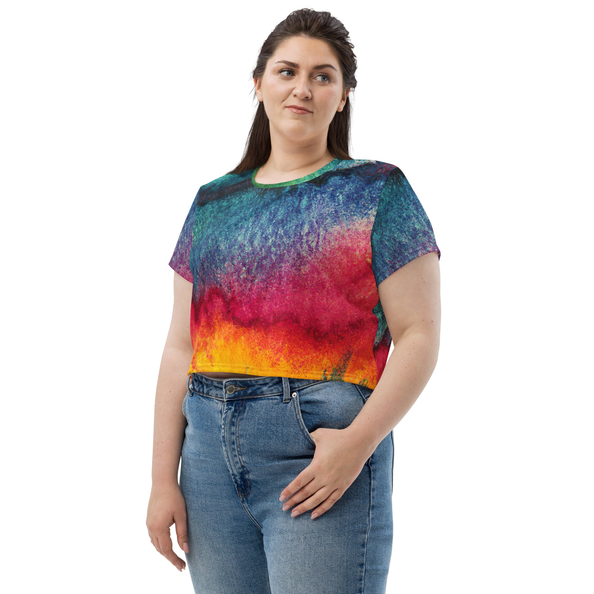 Womens Stretch Fit Crop Tee in multicolor abstract pattern, showcasing its stylish design and comfortable fit.