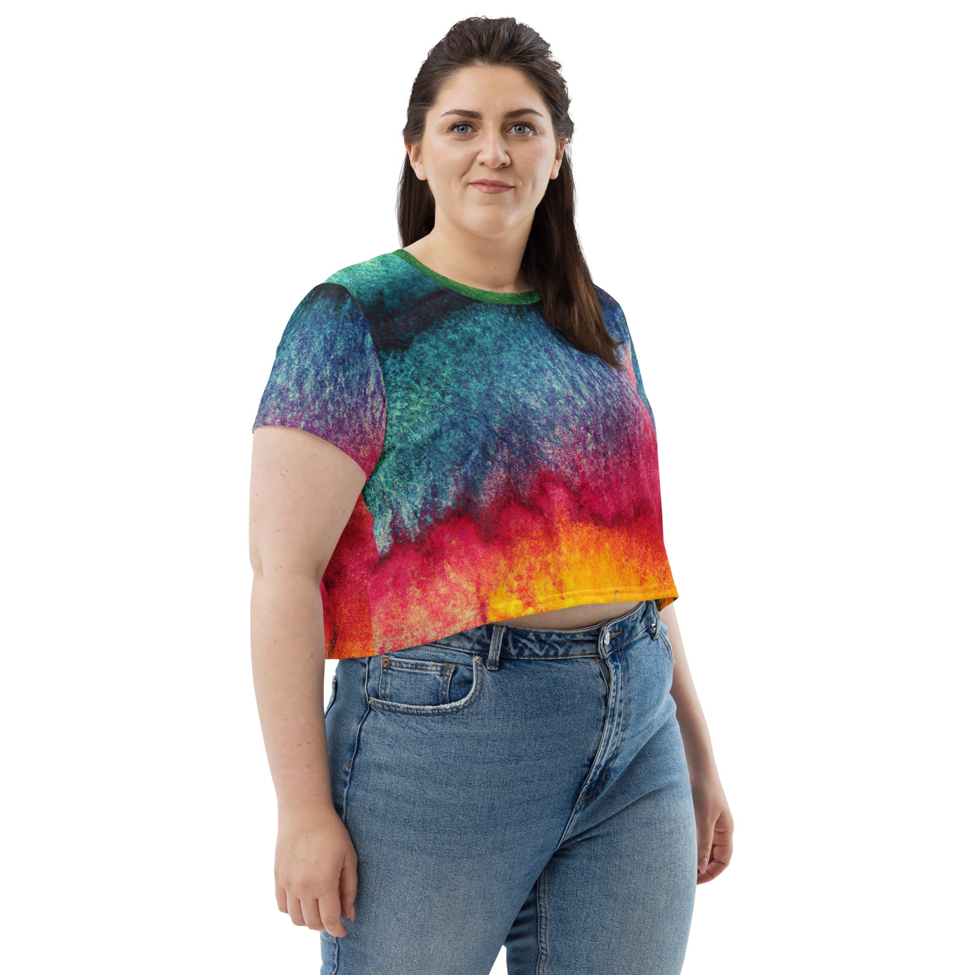 Womens Stretch Fit Crop Tee in multicolor abstract pattern, showcasing its stylish design and comfortable fit.
