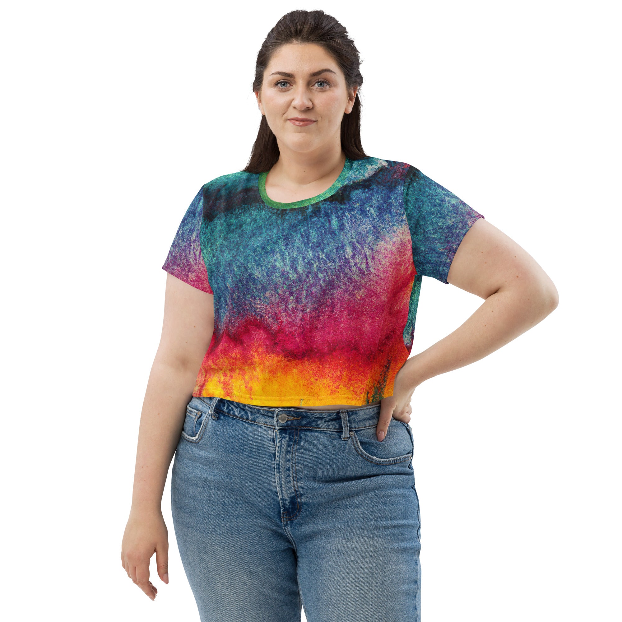 Womens Stretch Fit Crop Tee in multicolor abstract pattern, showcasing its stylish design and comfortable fit.