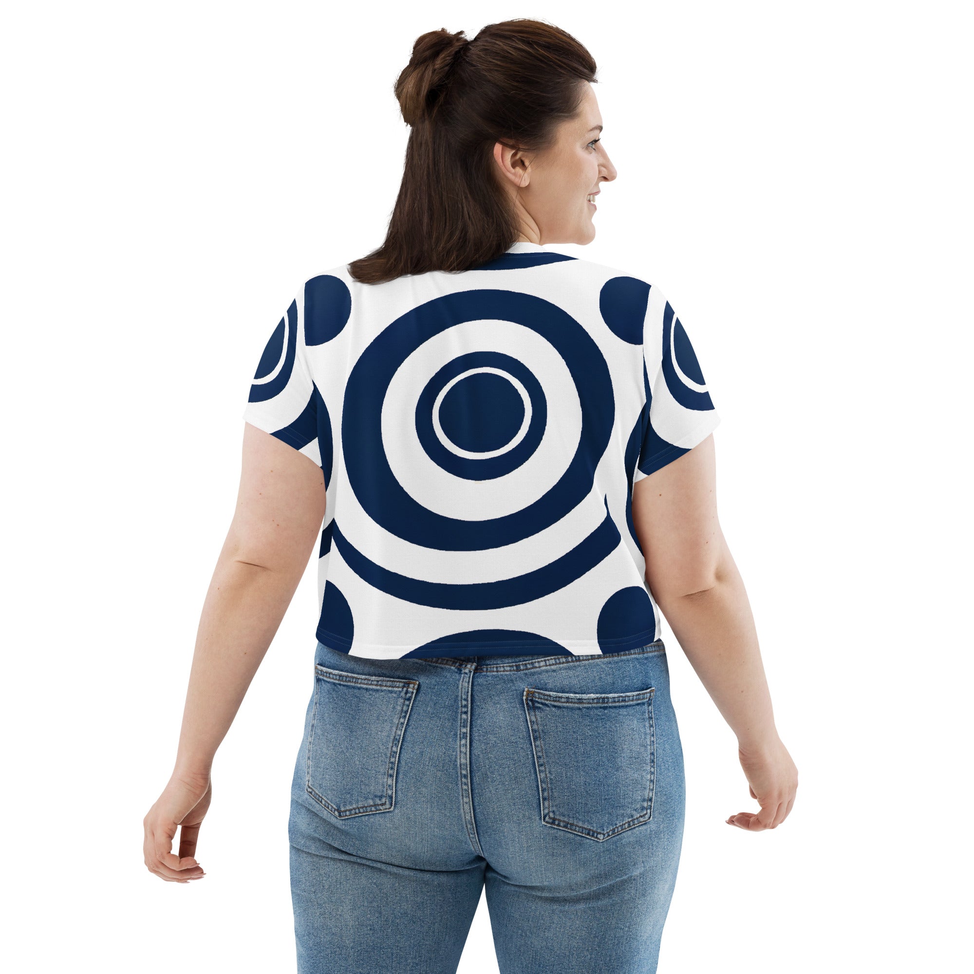 Women's Stretch Fit Crop Tee in Navy Blue and White with a circular pattern, featuring a cropped silhouette and short sleeves.