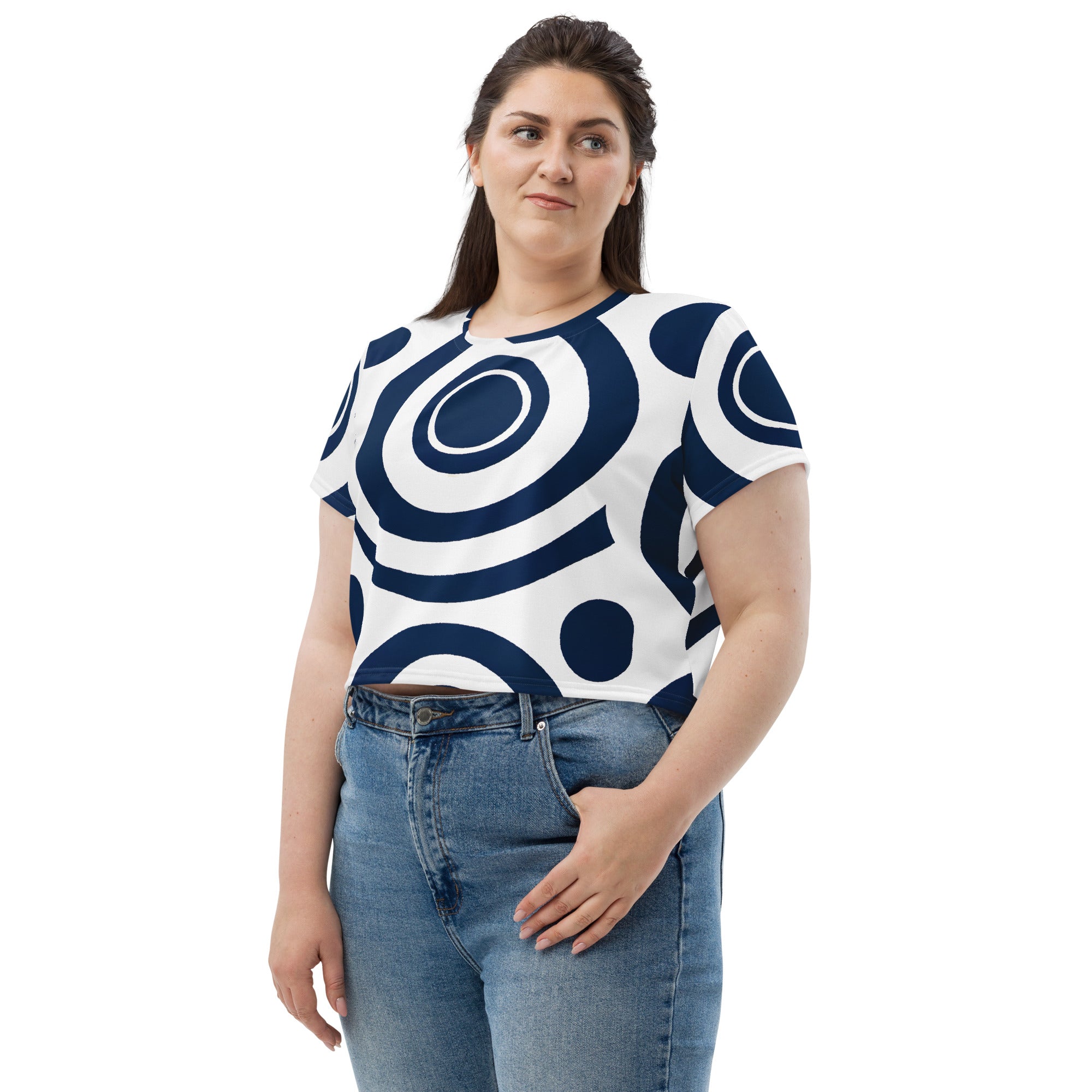 Women's Stretch Fit Crop Tee in Navy Blue and White with a circular pattern, featuring a cropped silhouette and short sleeves.