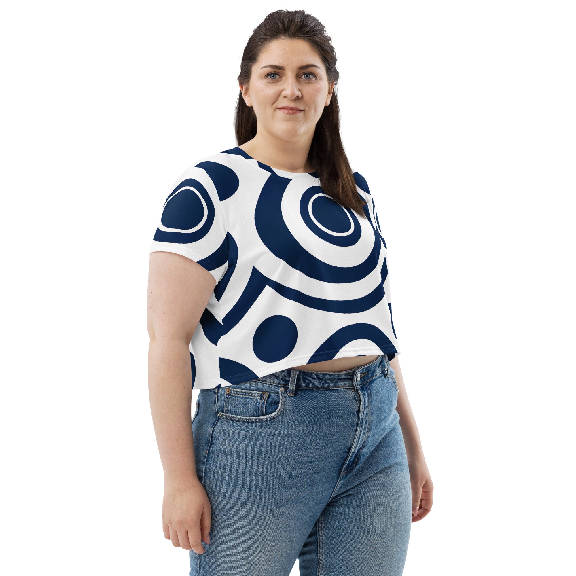 Women's Stretch Fit Crop Tee in Navy Blue and White with a circular pattern, featuring a cropped silhouette and short sleeves.