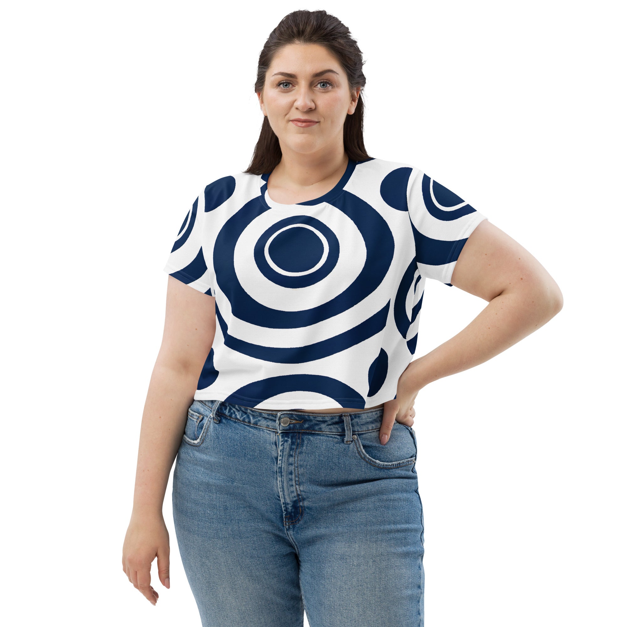 Women's Stretch Fit Crop Tee in Navy Blue and White with a circular pattern, featuring a cropped silhouette and short sleeves.