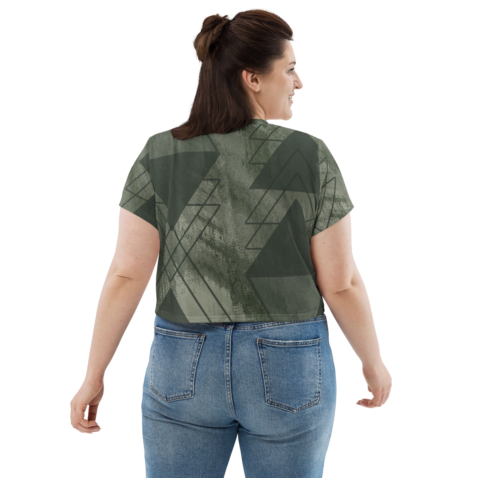 Women's Olive Green Triangular Crop Tee T-shirt Jersey, showcasing a stylish colorblock design with short sleeves and a crew neckline.
