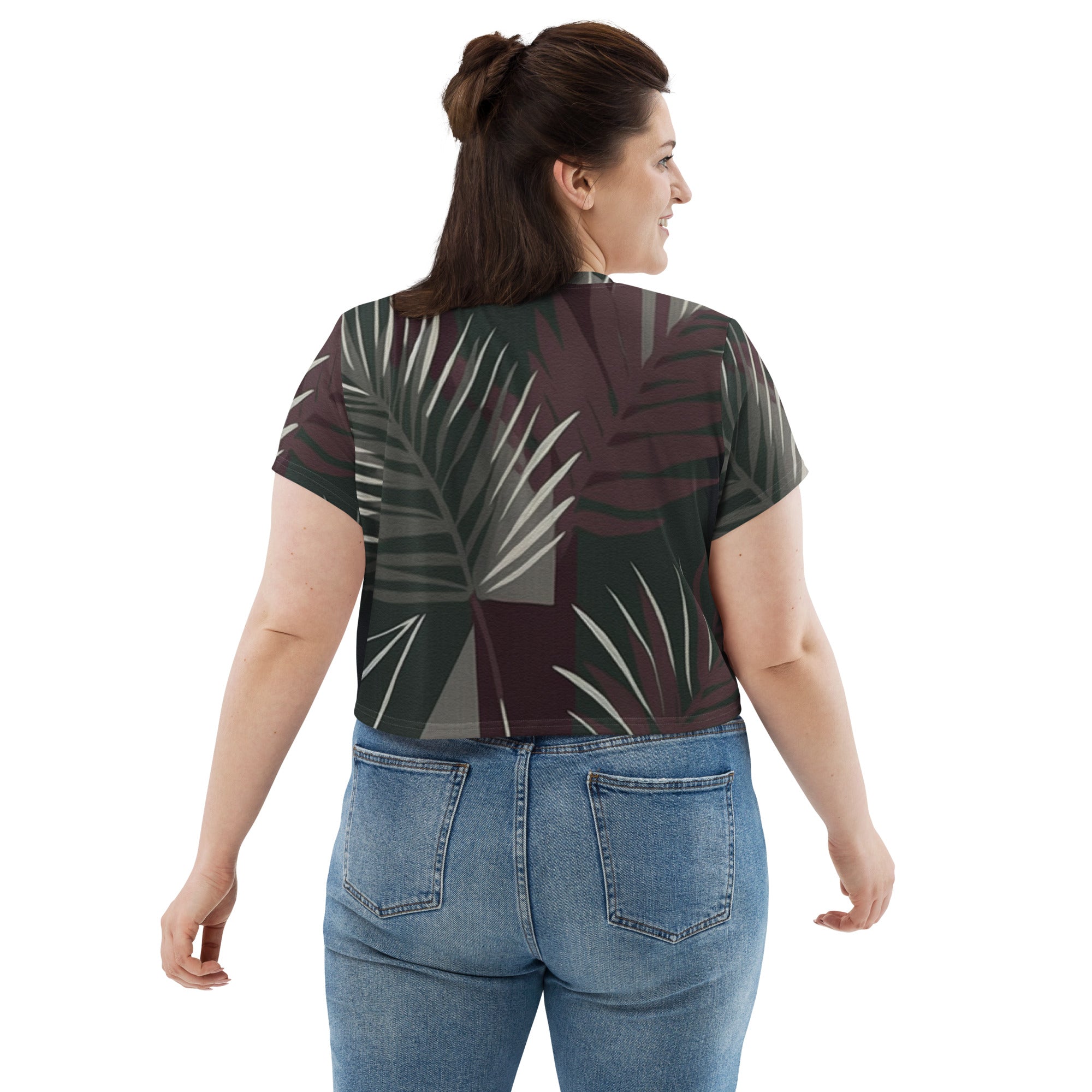 Womens Stretch Fit Crop Tee in maroon with palm tree leaves design, featuring a soft fabric and cropped silhouette, perfect for casual wear.