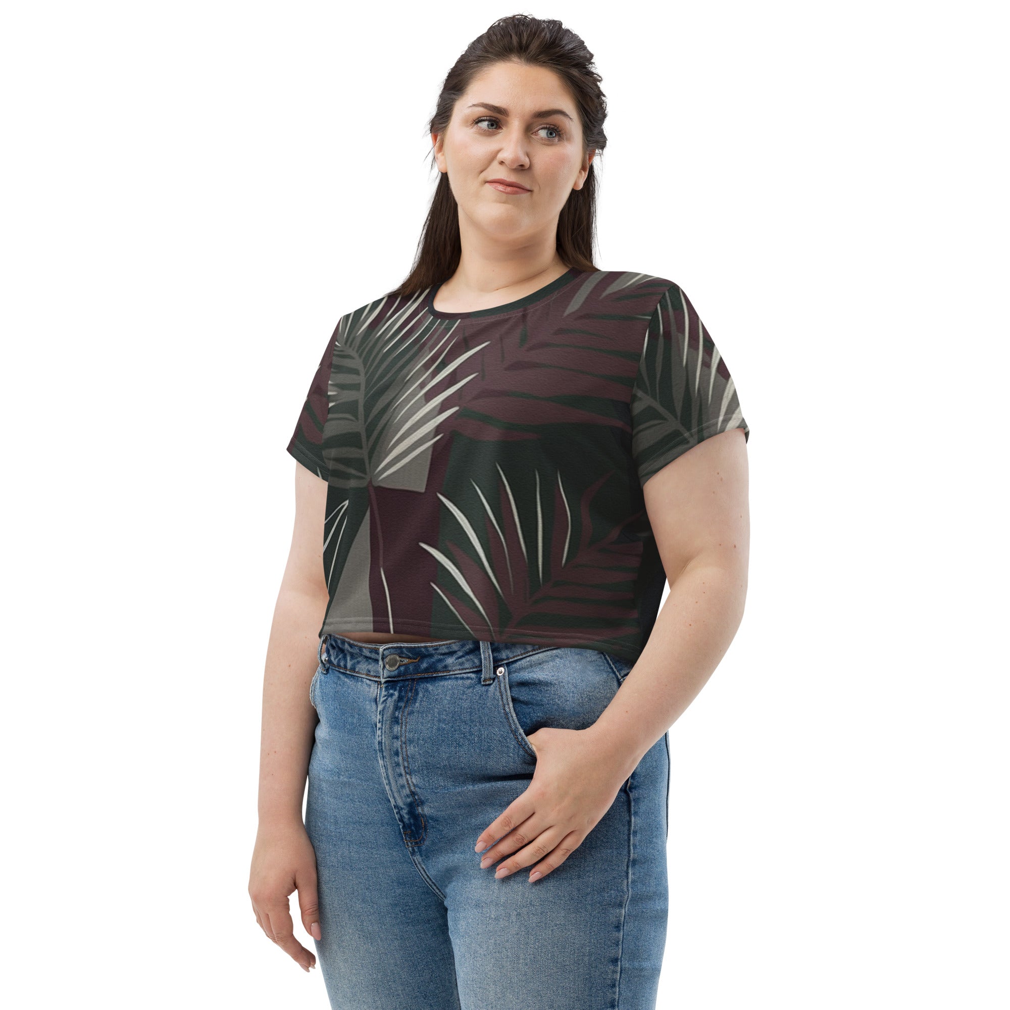 Womens Stretch Fit Crop Tee in maroon with palm tree leaves design, featuring a soft fabric and cropped silhouette, perfect for casual wear.