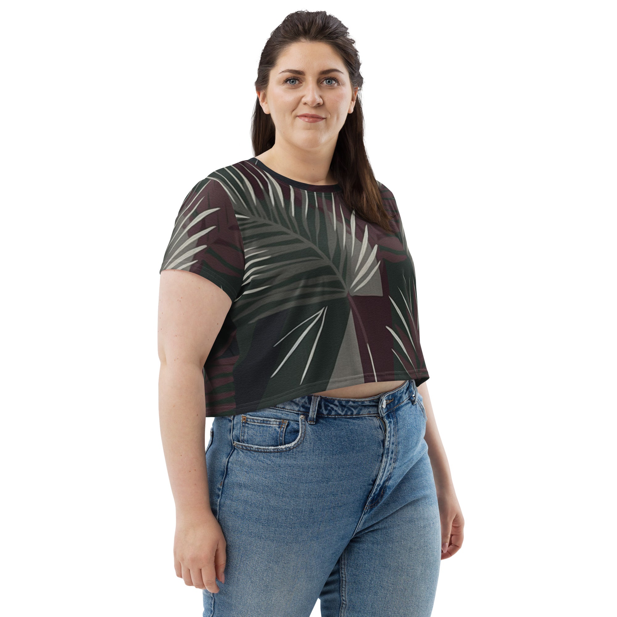 Womens Stretch Fit Crop Tee in maroon with palm tree leaves design, featuring a soft fabric and cropped silhouette, perfect for casual wear.