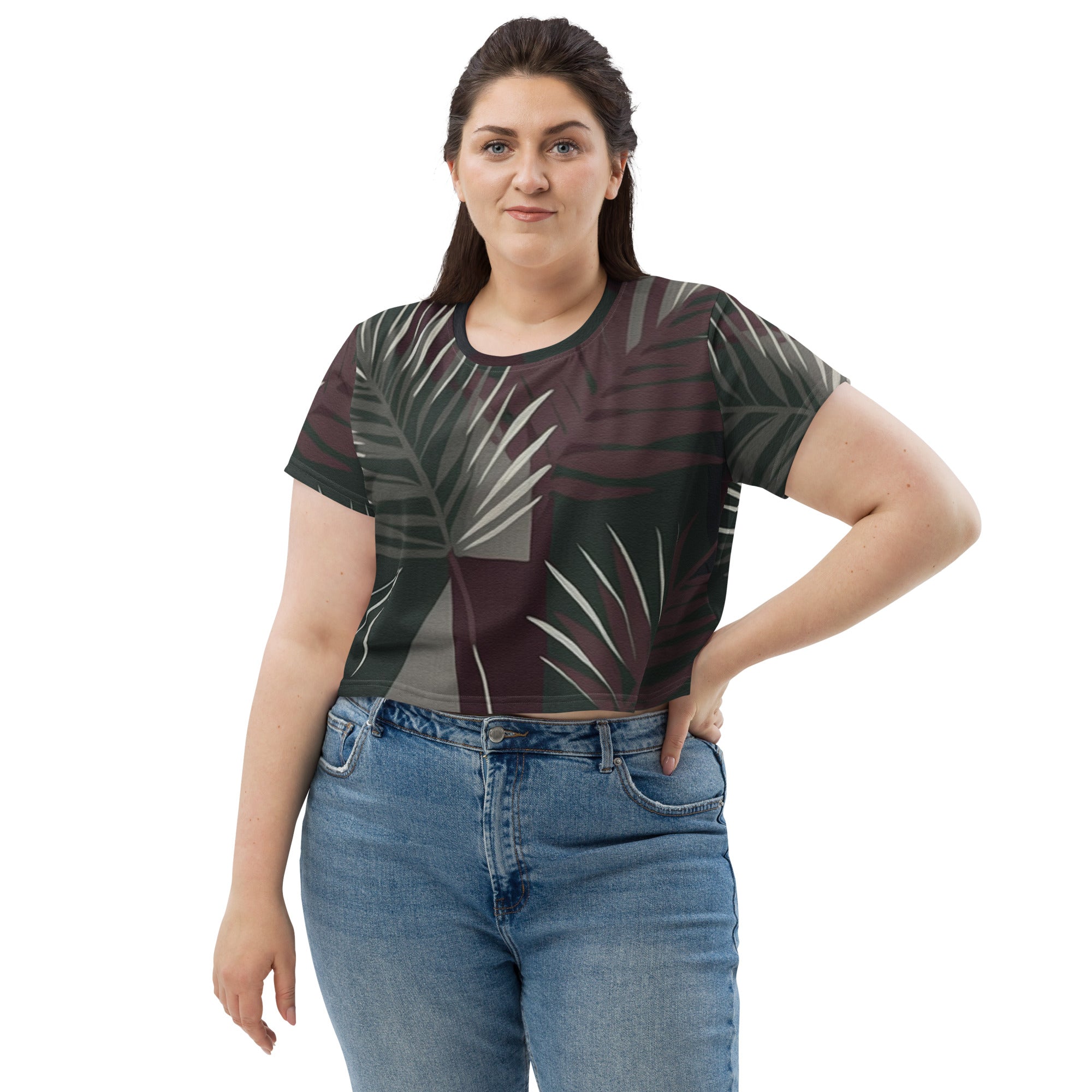 Womens Stretch Fit Crop Tee in maroon with palm tree leaves design, featuring a soft fabric and cropped silhouette, perfect for casual wear.