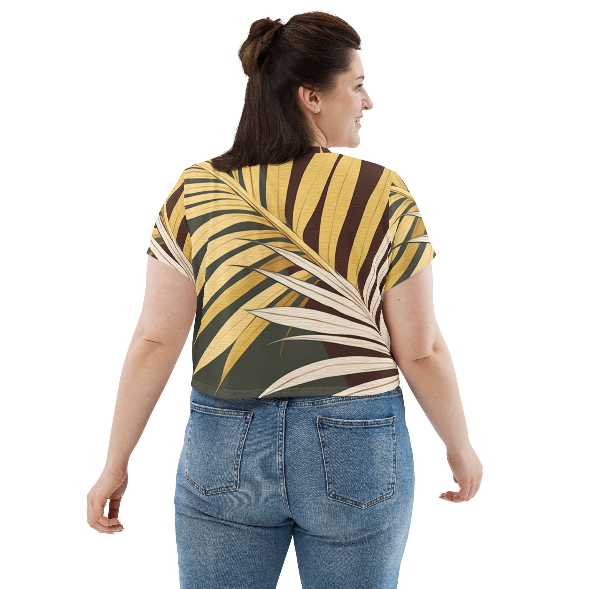 Women's Stretch Fit Crop Tee in Palm Tree Leaves Pattern, showcasing a stylish and comfortable design perfect for casual wear.