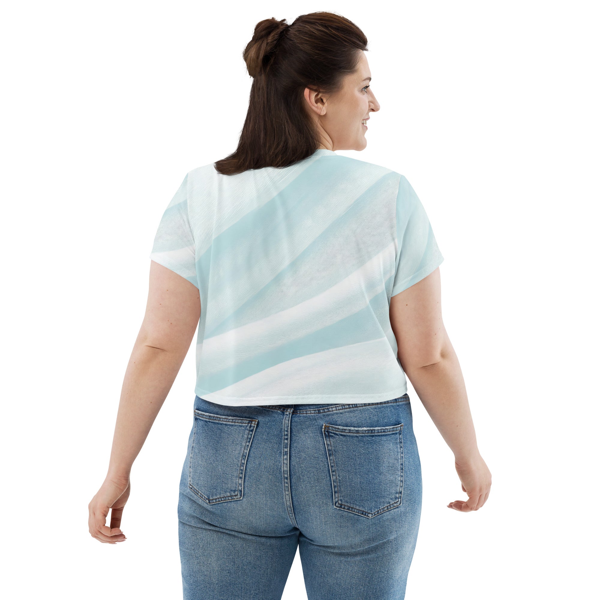 Womens Stretch Fit Crop Tee in Pastel Blue Swirl, showcasing a stylish abstract pattern and comfortable fit.