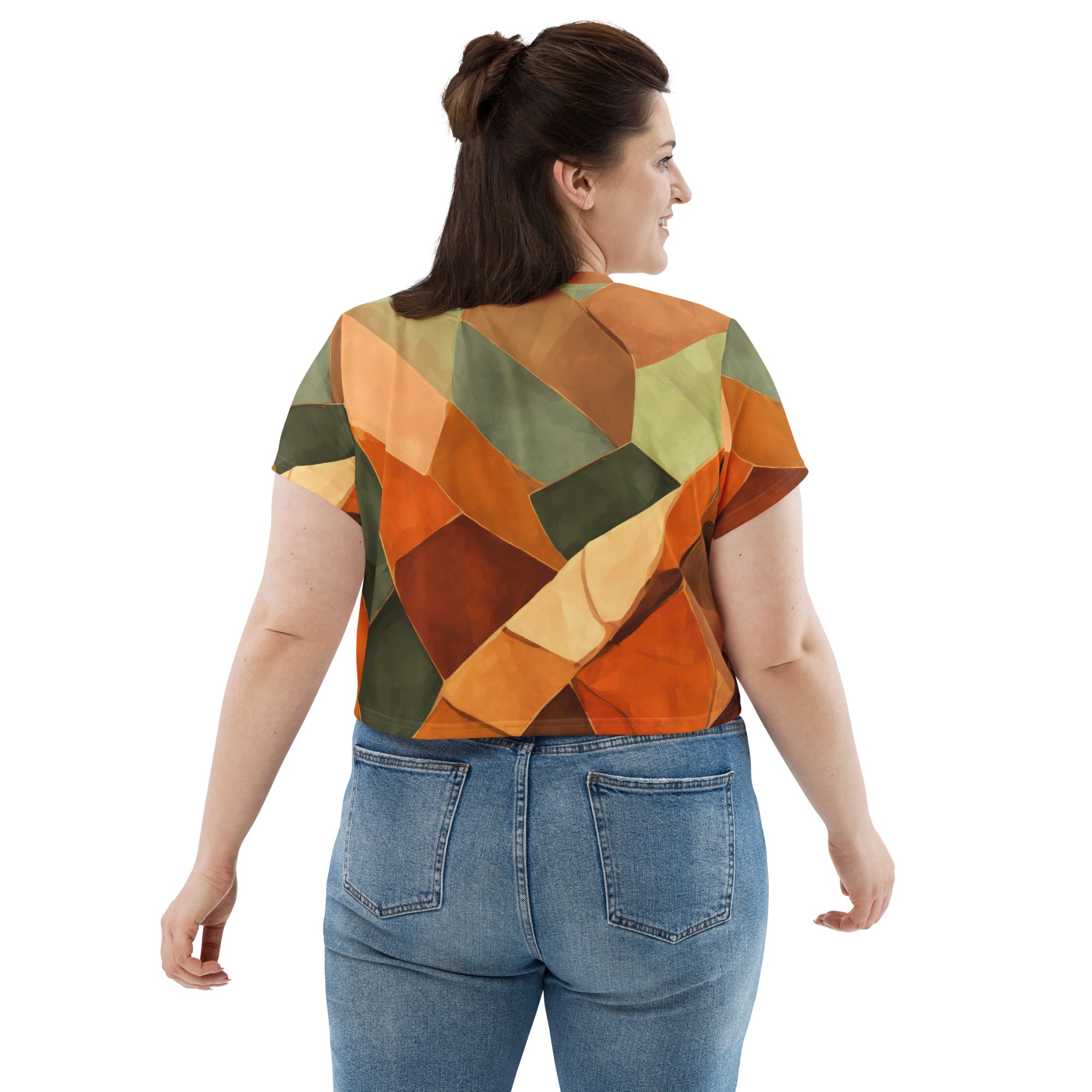 Womens Stretch Fit Crop Tee in Rustic Red Abstract pattern, showcasing its stylish cropped design and soft fabric.