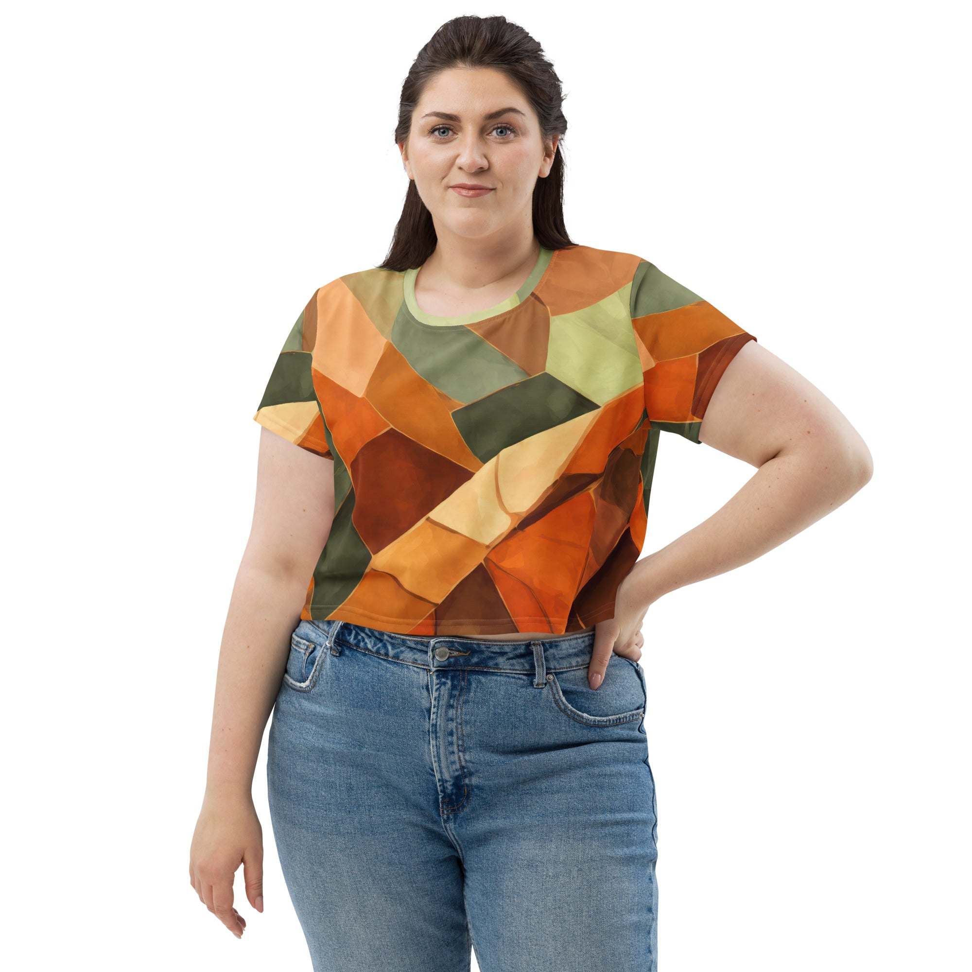 Womens Stretch Fit Crop Tee in Rustic Red Abstract pattern, showcasing its stylish cropped design and soft fabric.