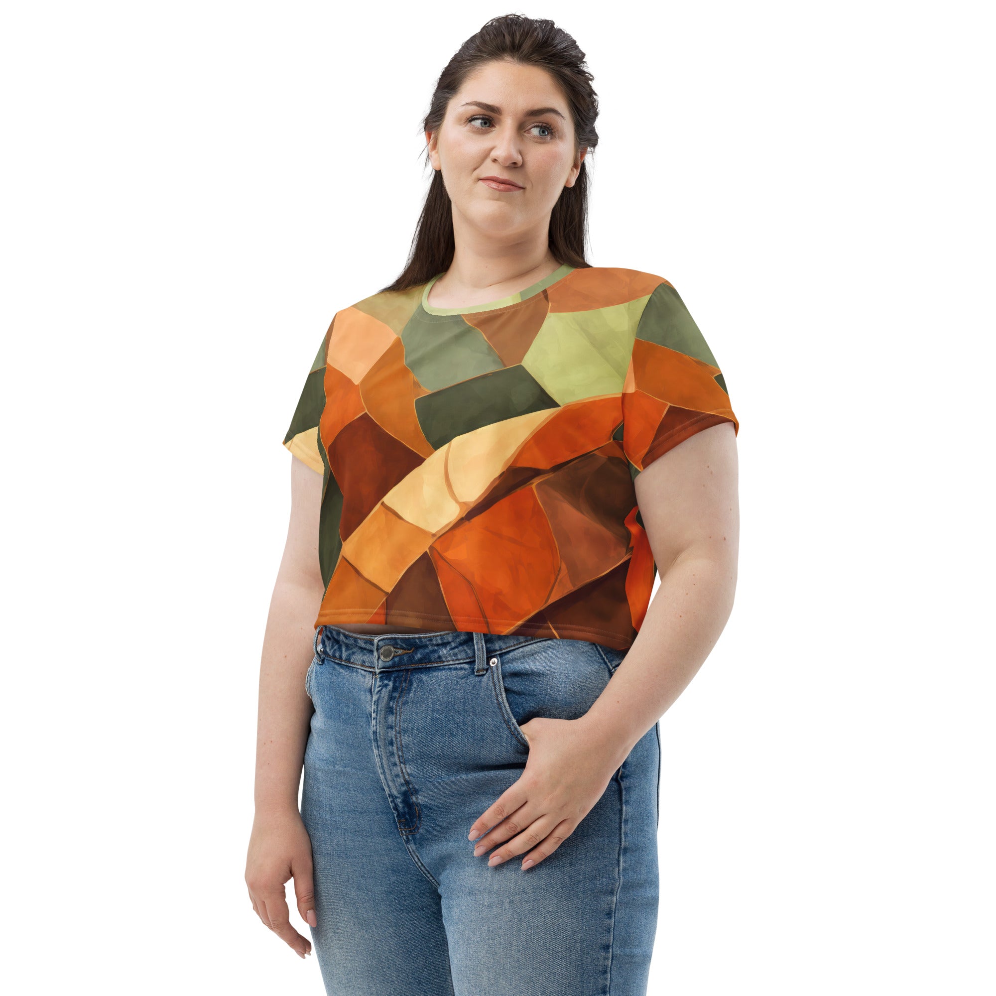 Womens Stretch Fit Crop Tee in Rustic Red Abstract pattern, showcasing its stylish cropped design and soft fabric.