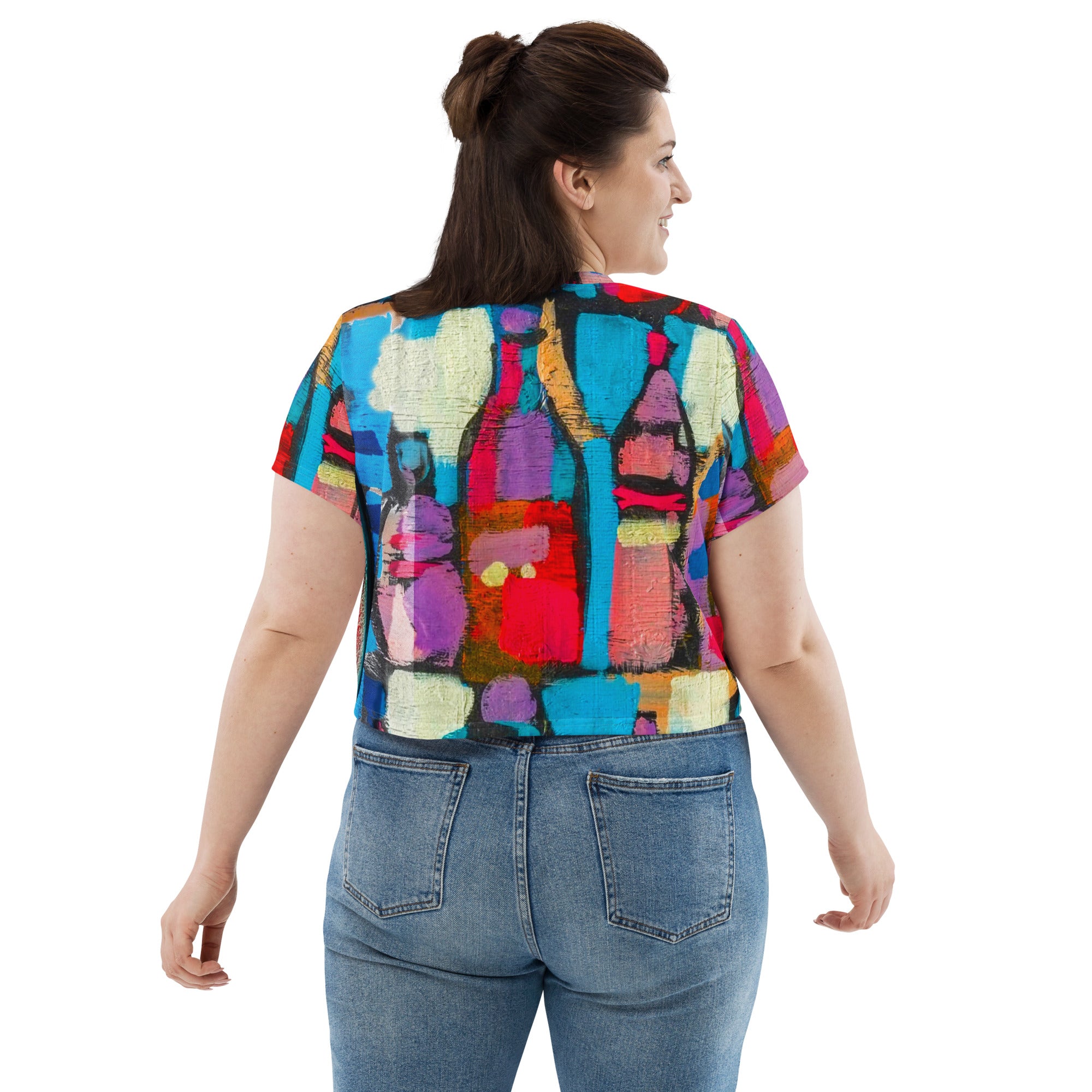 Womens Stretch Fit Crop Tee in Sutileza Red Multicolor, showcasing a colorful abstract print and cropped silhouette.