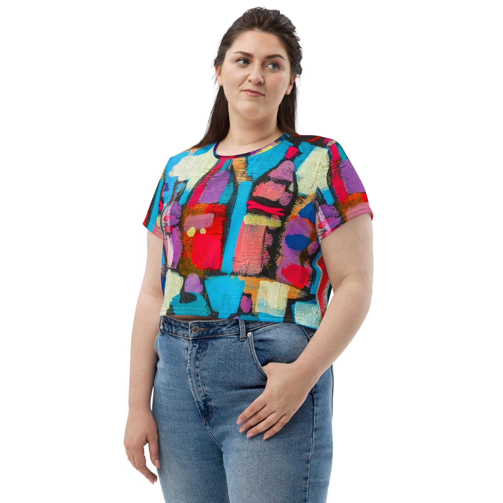 Womens Stretch Fit Crop Tee in Sutileza Red Multicolor, showcasing a colorful abstract print and cropped silhouette.