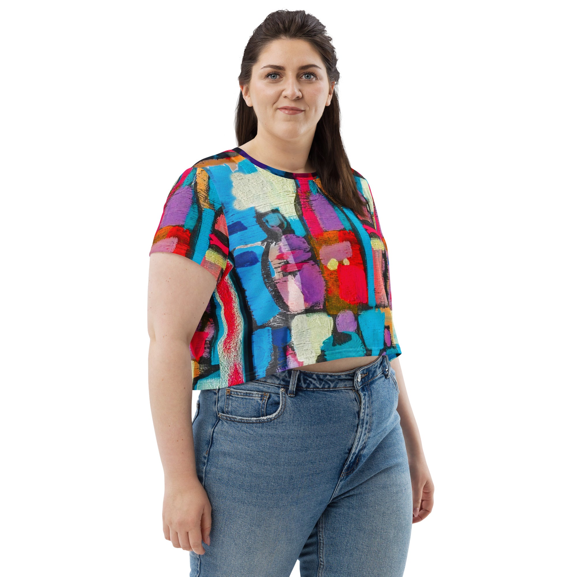 Womens Stretch Fit Crop Tee in Sutileza Red Multicolor, showcasing a colorful abstract print and cropped silhouette.