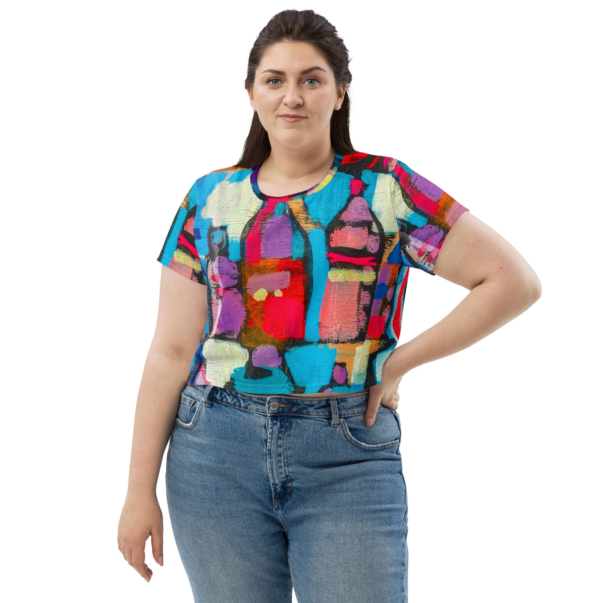 Womens Stretch Fit Crop Tee in Sutileza Red Multicolor, showcasing a colorful abstract print and cropped silhouette.