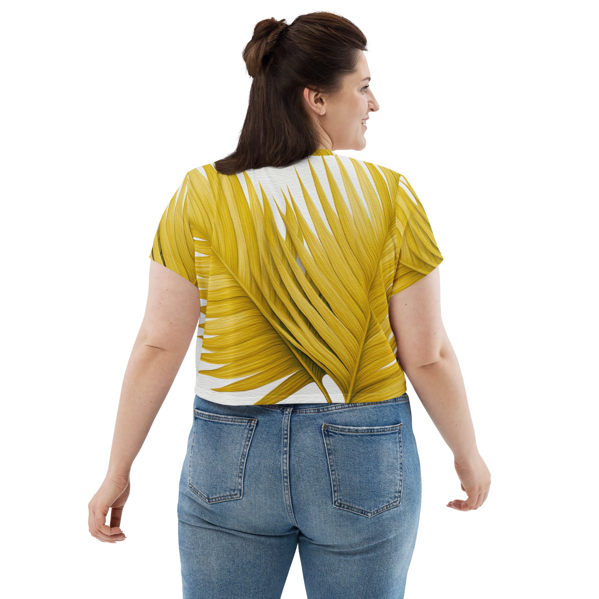 Women's Stretch Fit Crop Tee in yellow with palm leaves design, showcasing a stylish and comfortable fit.