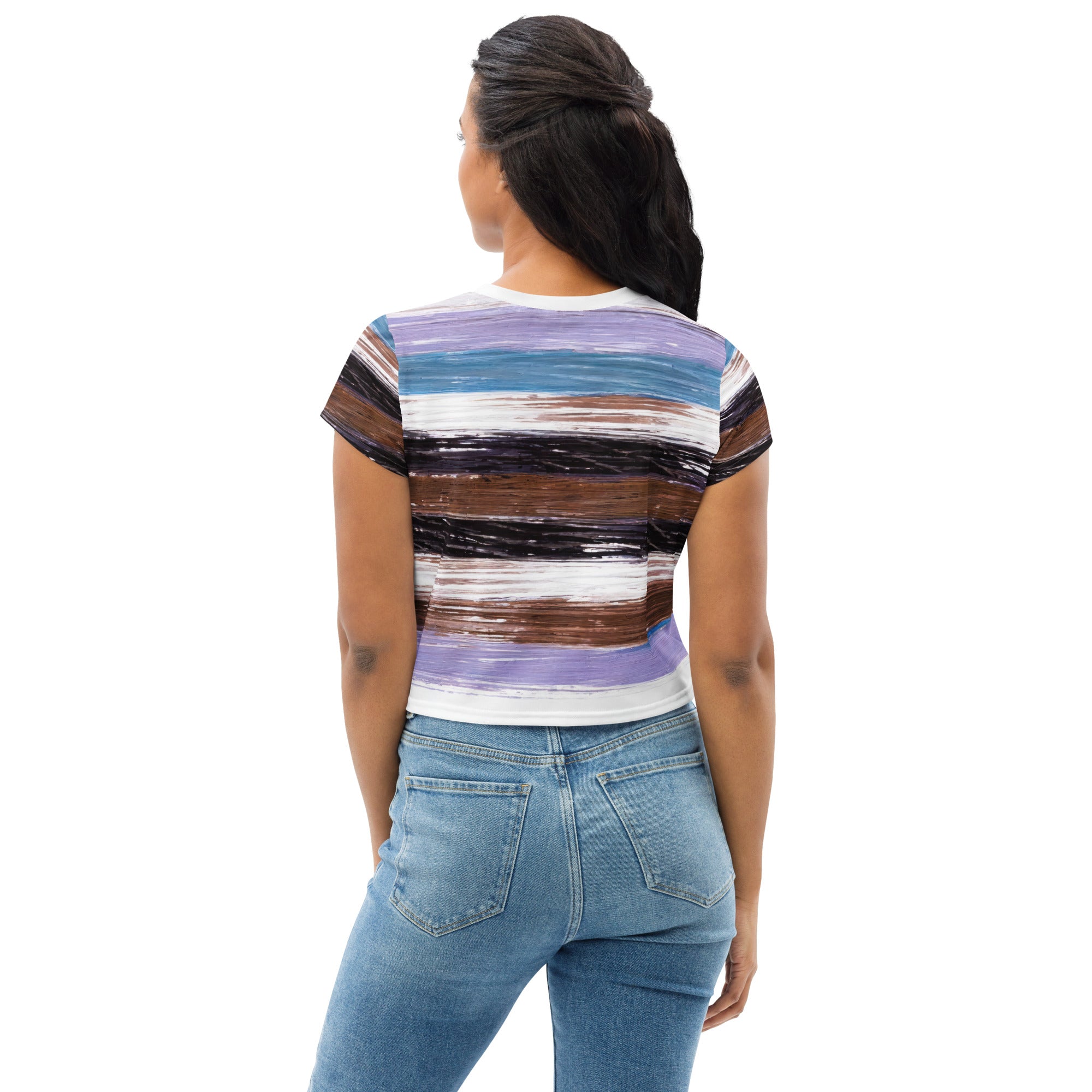 Women's Stretch Fit Crop Tee in Lavender, Black, and Brown Rustic pattern, showcasing its stylish cropped design and soft fabric.
