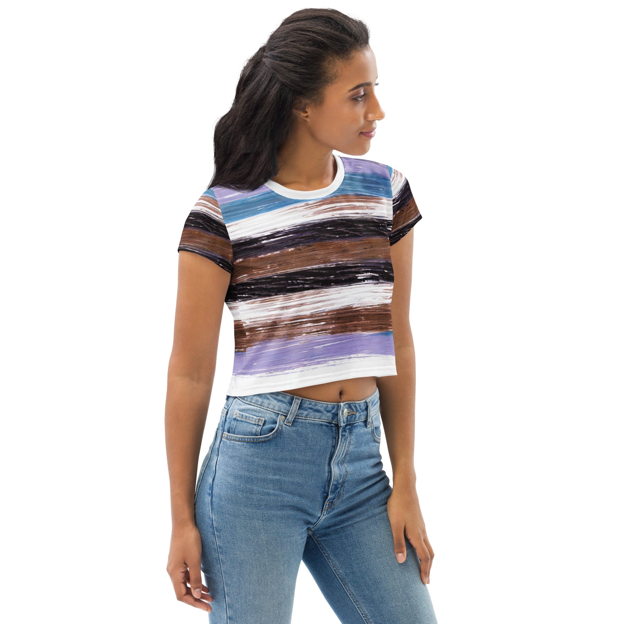 Women's Stretch Fit Crop Tee in Lavender, Black, and Brown Rustic pattern, showcasing its stylish cropped design and soft fabric.