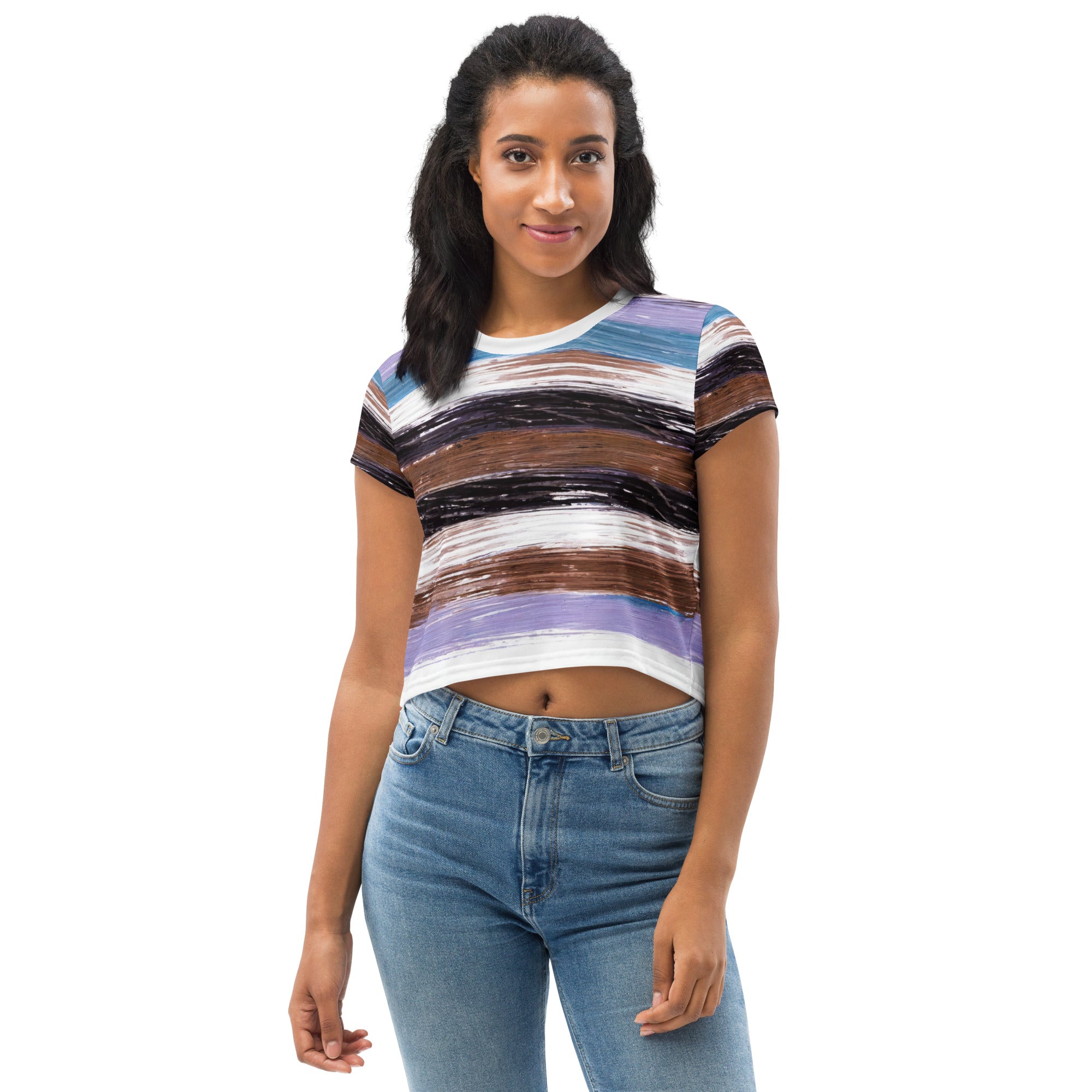 Women's Stretch Fit Crop Tee in Lavender, Black, and Brown Rustic pattern, showcasing its stylish cropped design and soft fabric.