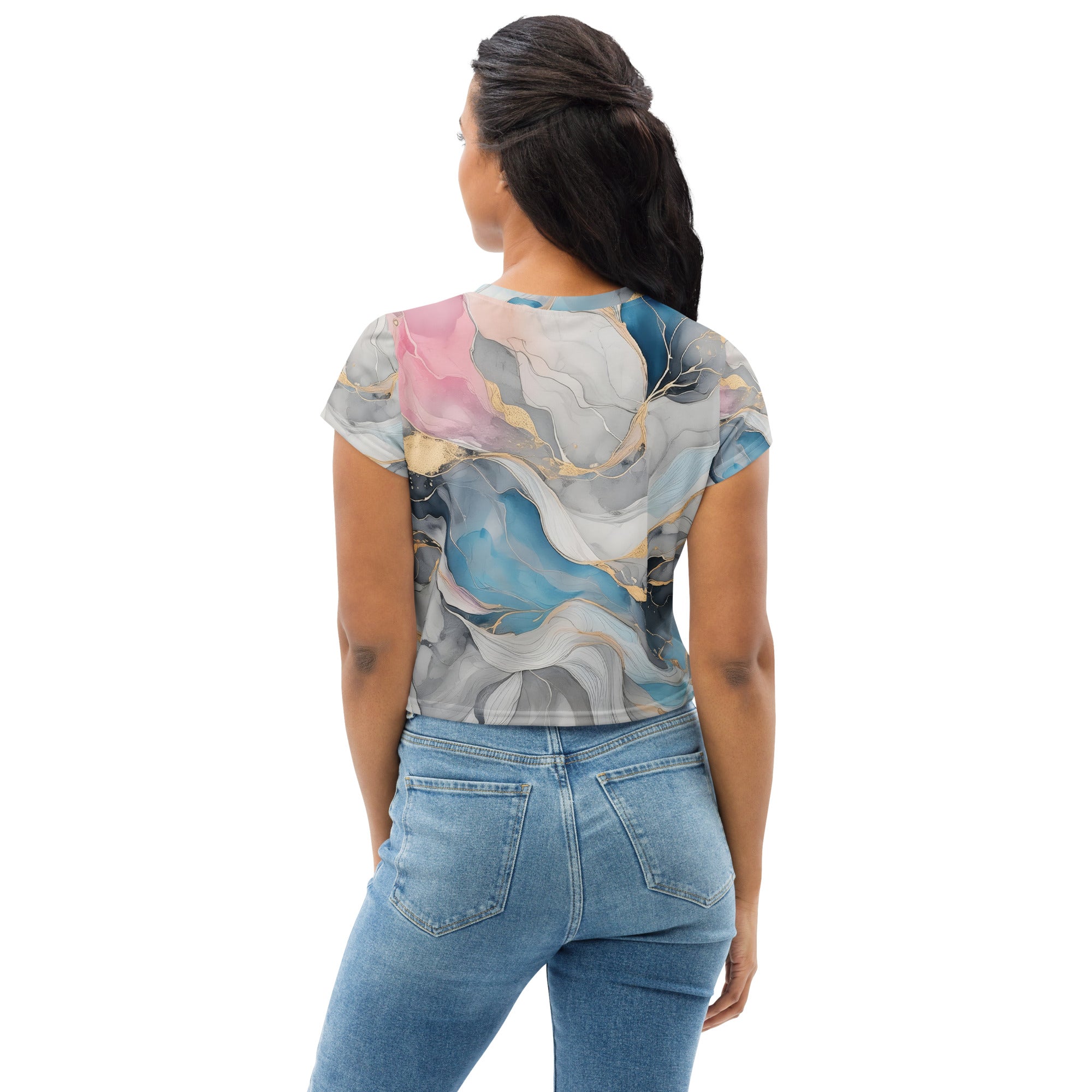 Womens Stretch Fit Crop Tee in Marble Cloud of Grey Pink Blue, showcasing its stylish cropped design and soft fabric.