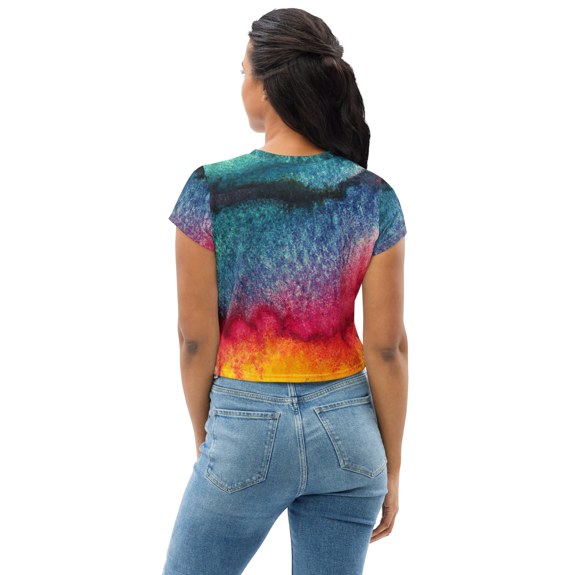 Women's Stretch Fit Crop Tee featuring a multicolor abstract pattern, showcasing a stylish cropped design and short sleeves.