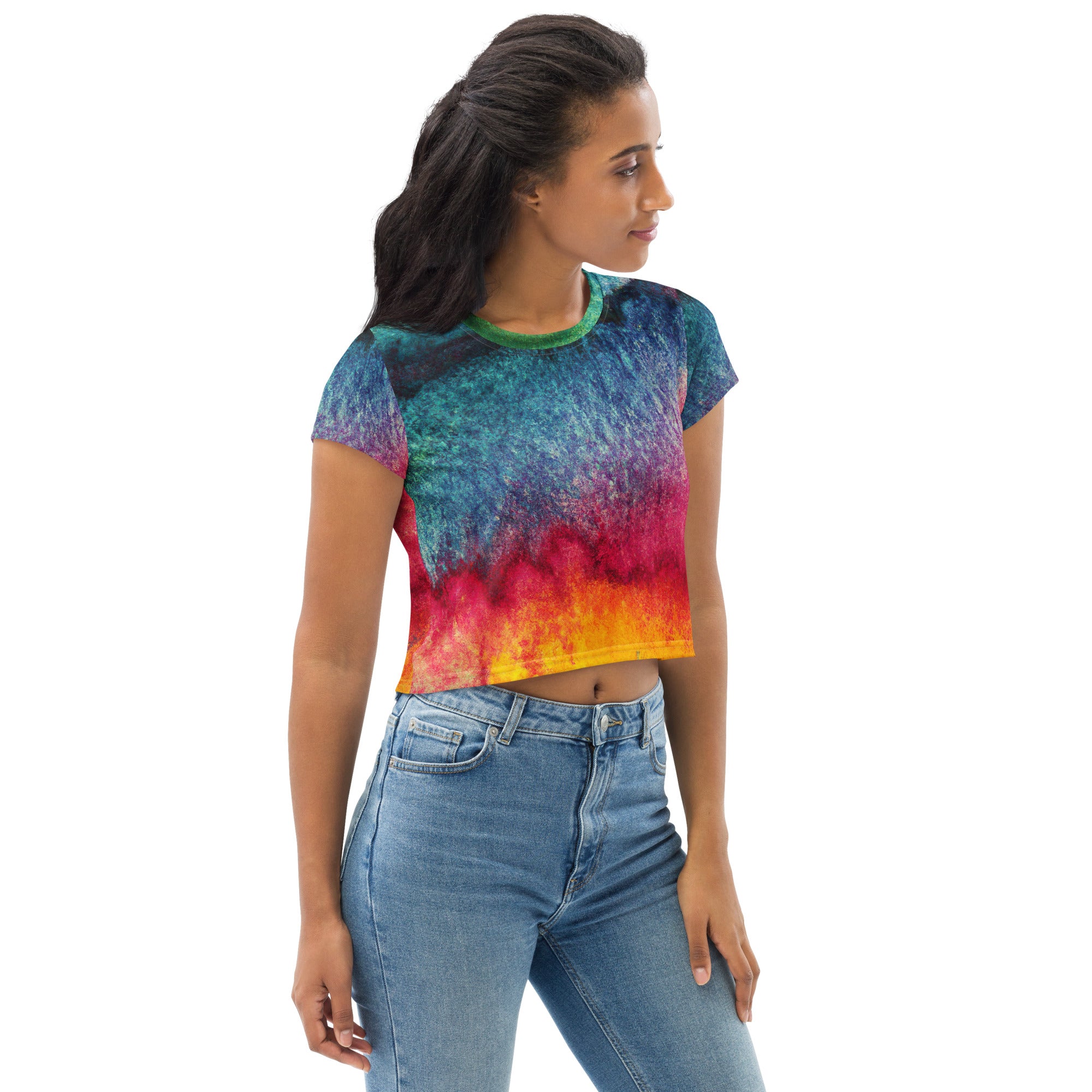 Women's Stretch Fit Crop Tee featuring a multicolor abstract pattern, showcasing a stylish cropped design and short sleeves.