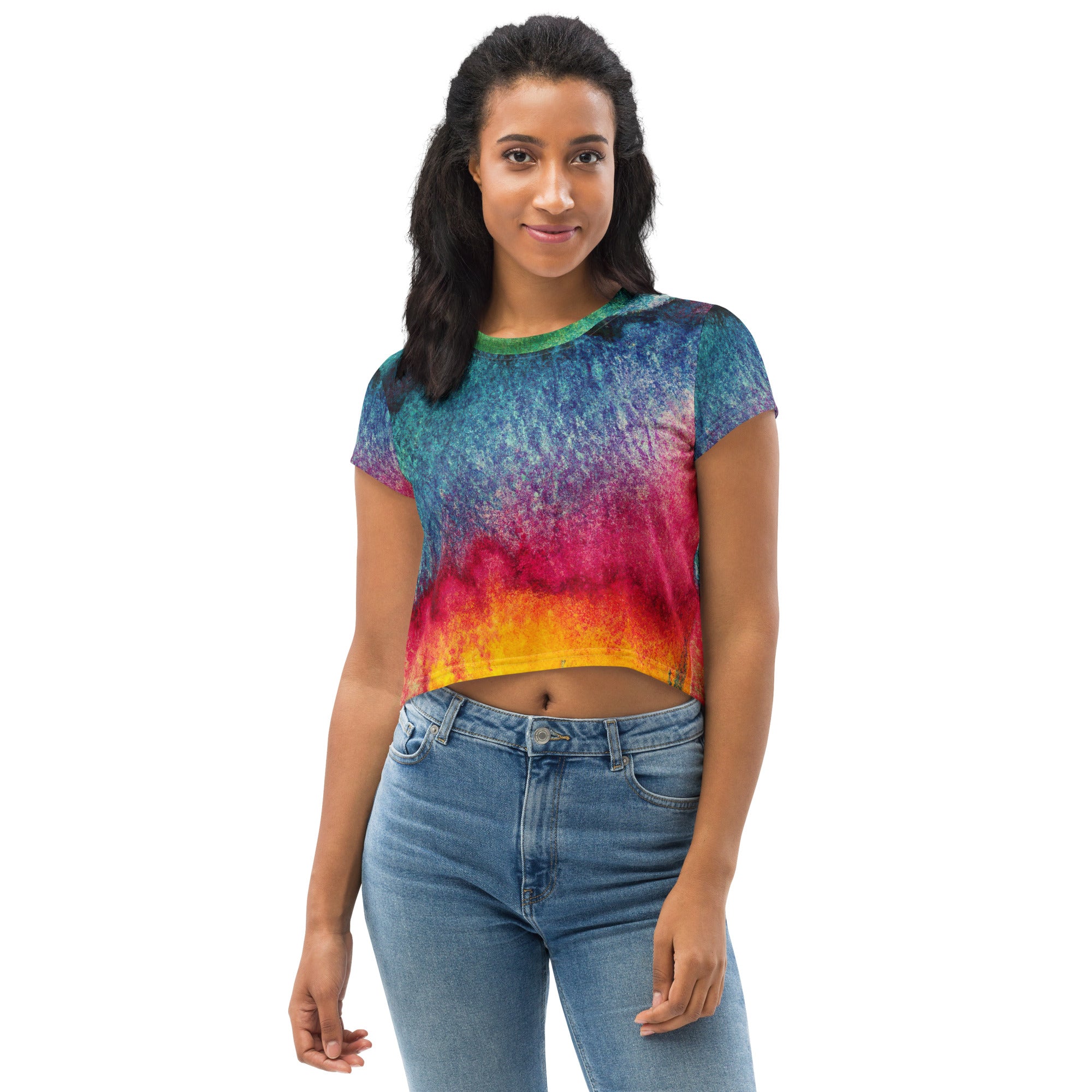 Women's Stretch Fit Crop Tee featuring a multicolor abstract pattern, showcasing a stylish cropped design and short sleeves.