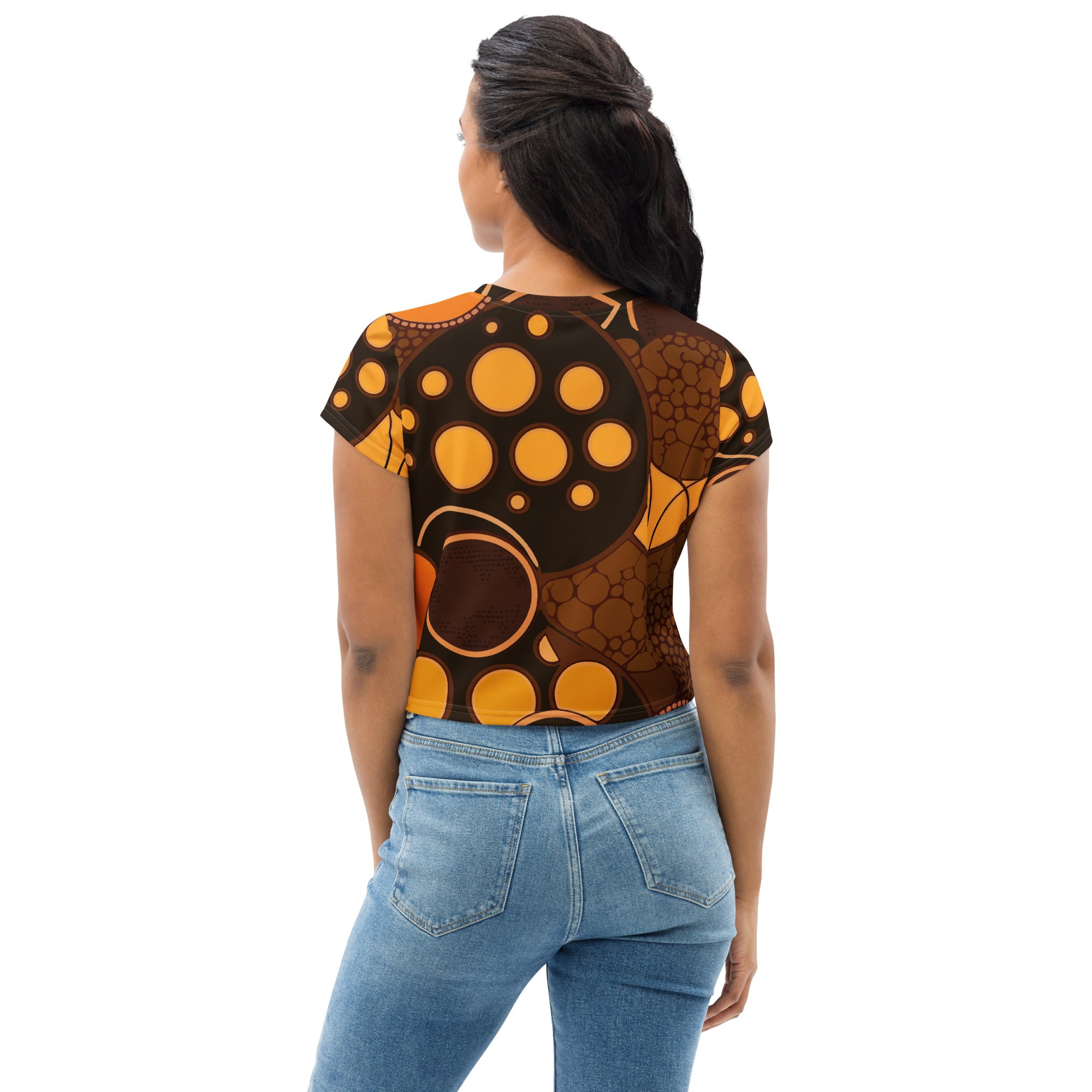 Women's Stretch Fit Crop Tee in orange brown spotted print, showcasing a stylish cropped design with short sleeves.