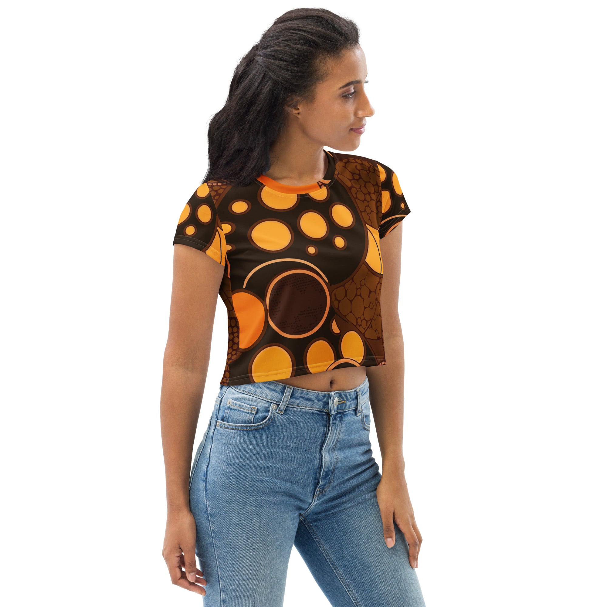 Women's Stretch Fit Crop Tee in orange brown spotted print, showcasing a stylish cropped design with short sleeves.
