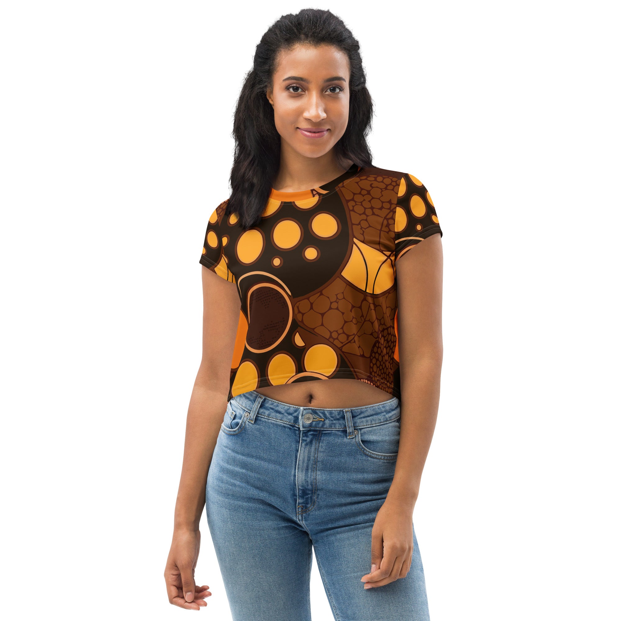 Women's Stretch Fit Crop Tee in orange brown spotted print, showcasing a stylish cropped design with short sleeves.