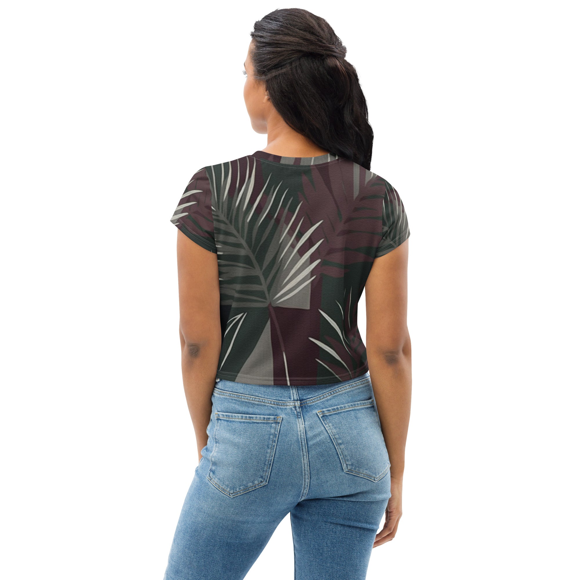 Womens Stretch Fit Crop Tee featuring palm tree leaves design in maroon and green, showcasing a stylish and comfortable fit.