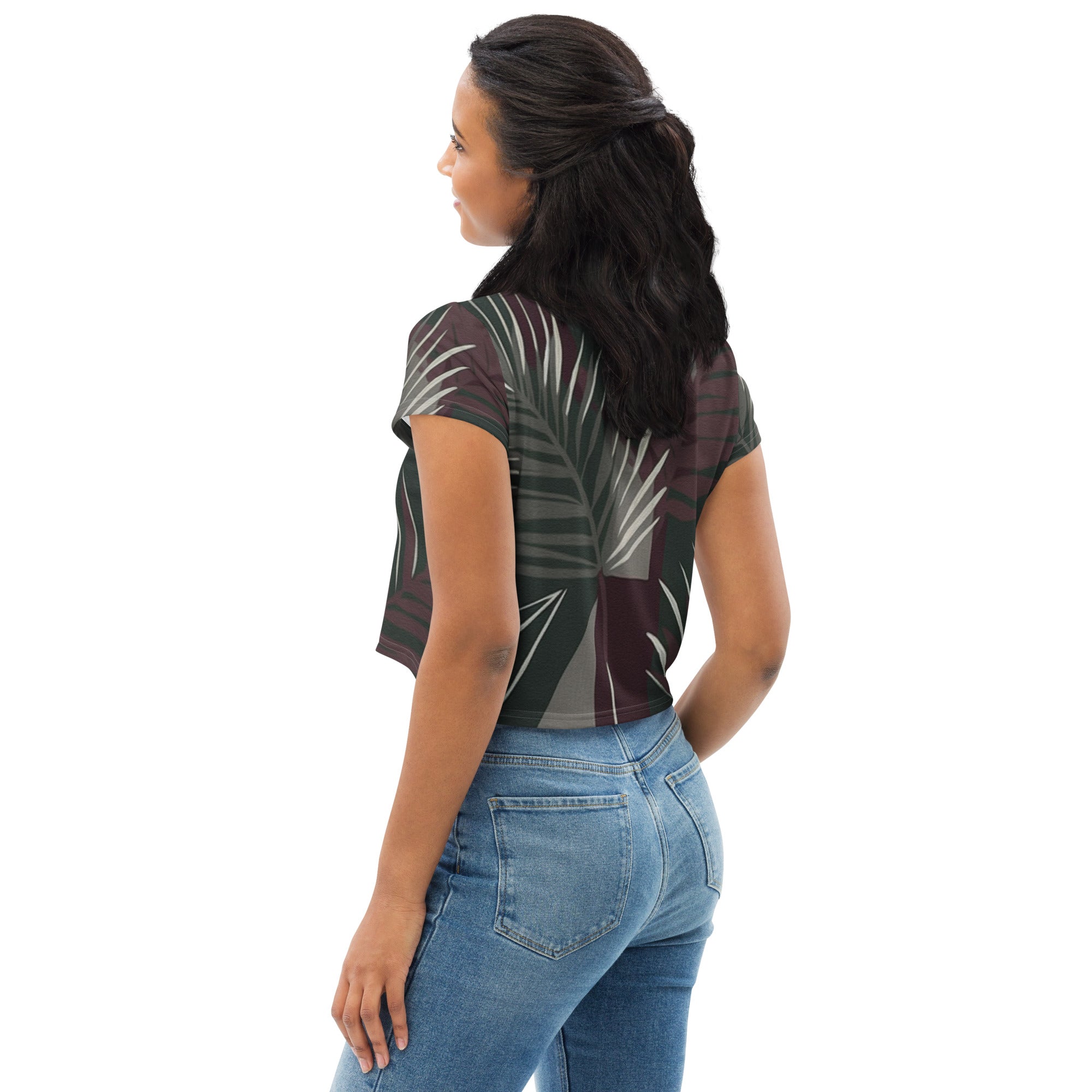 Womens Stretch Fit Crop Tee featuring palm tree leaves design in maroon and green, showcasing a stylish and comfortable fit.