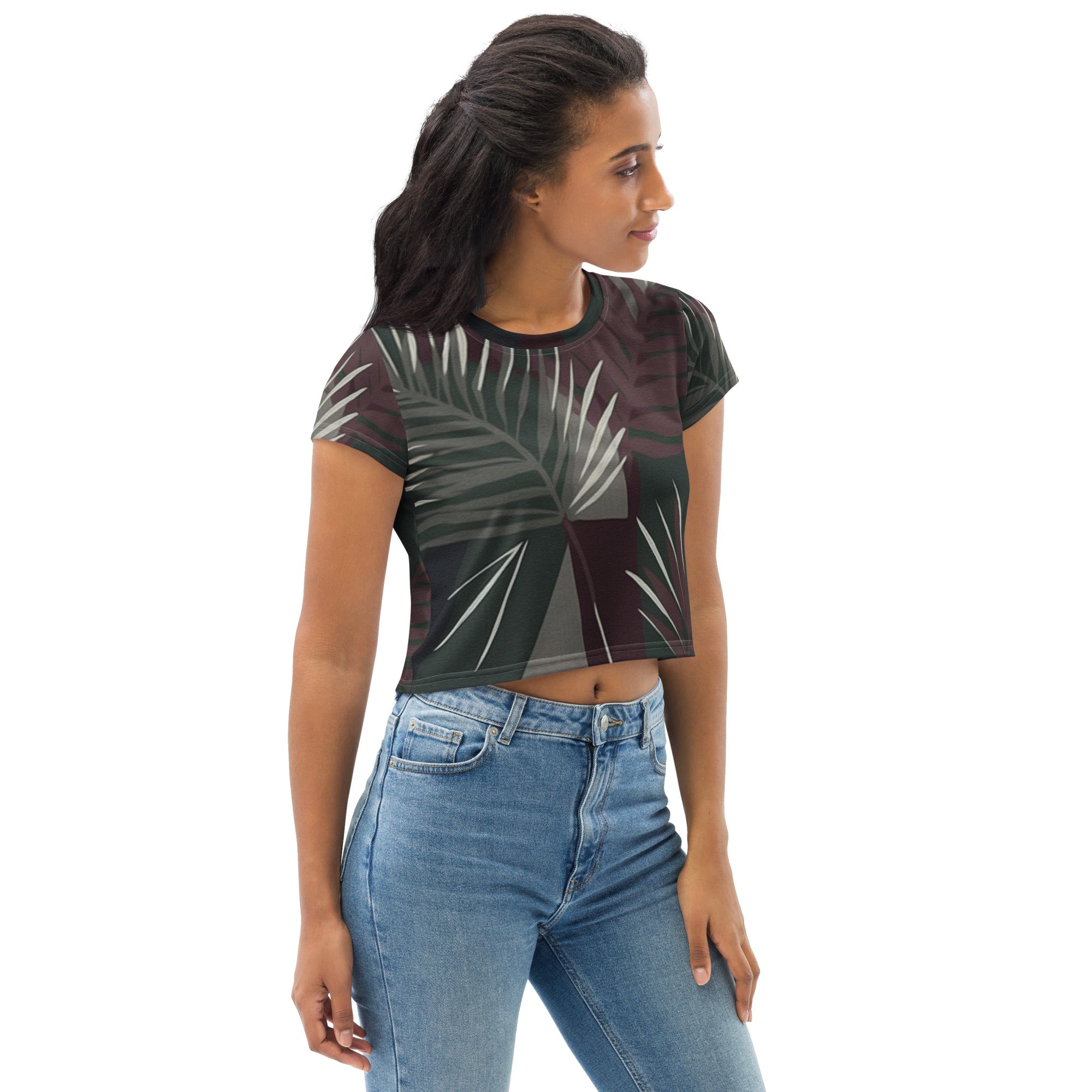 Womens Stretch Fit Crop Tee featuring palm tree leaves design in maroon and green, showcasing a stylish and comfortable fit.