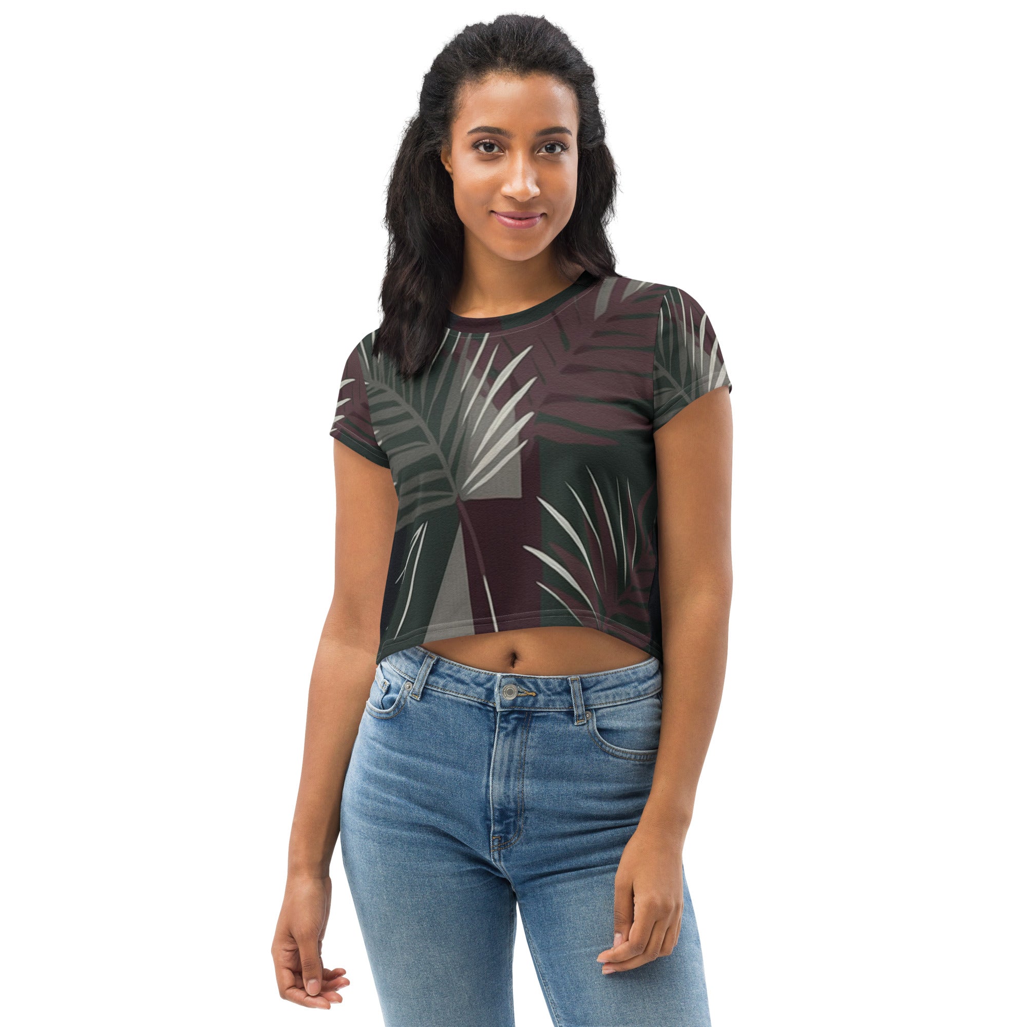 Womens Stretch Fit Crop Tee featuring palm tree leaves design in maroon and green, showcasing a stylish and comfortable fit.