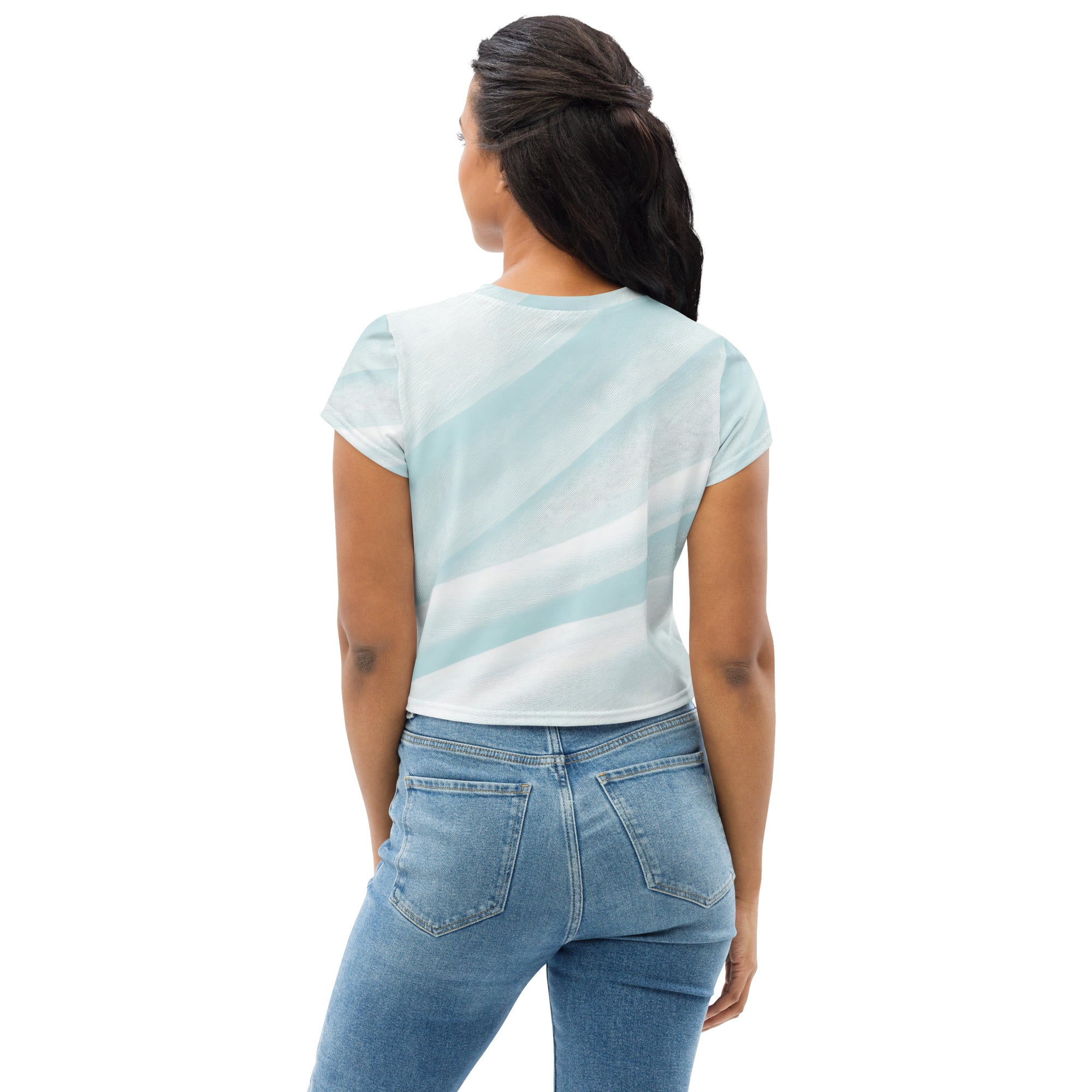 Womens Stretch Fit Crop Tee in Pastel Blue Swirl, showcasing a soft fabric and trendy cropped design.