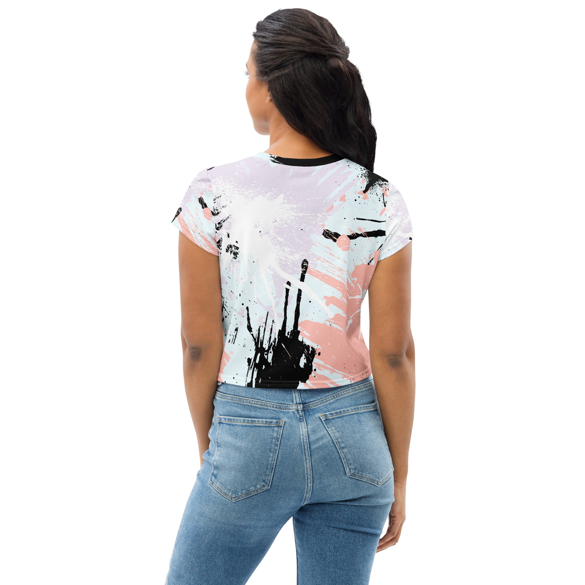 Women's Stretch Fit Crop Tee in Pink Black Abstract Print, showcasing a stylish cropped design with short sleeves.