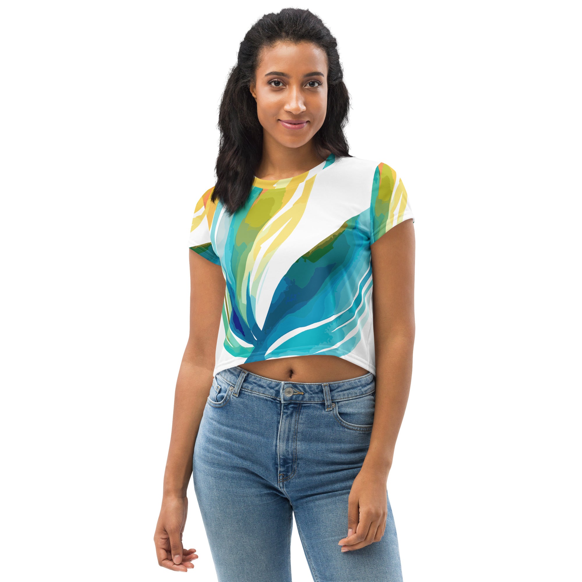 Women's Stretch Fit Crop Tee featuring Strength and Courage design, showcasing a stylish cropped silhouette and soft fabric.