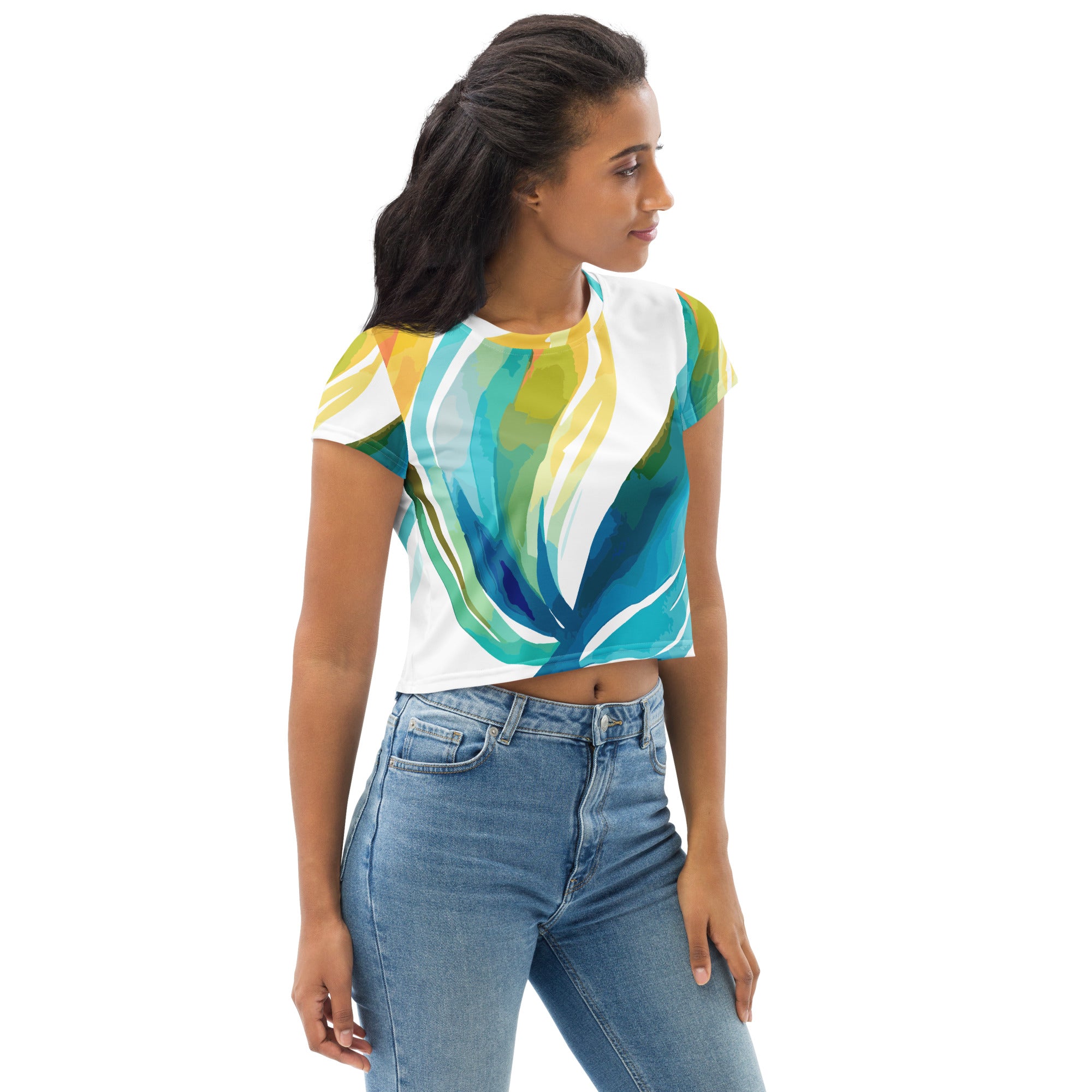 Women's Stretch Fit Crop Tee featuring Strength and Courage design, showcasing a stylish cropped silhouette and soft fabric.