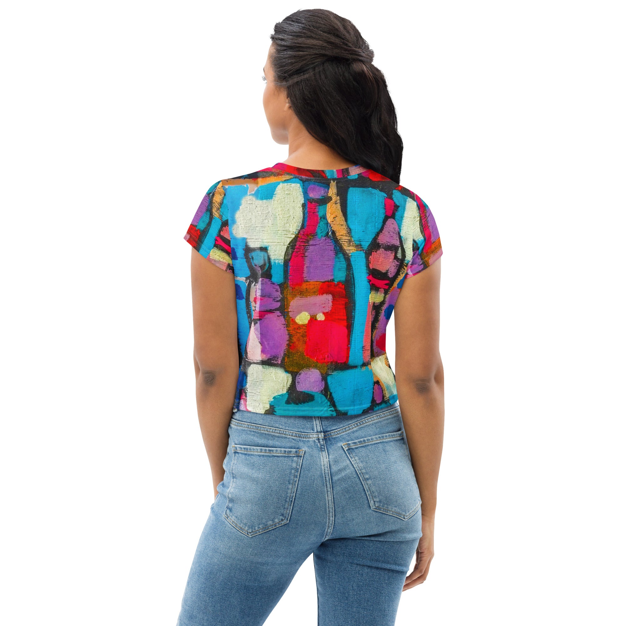 Womens Stretch Fit Crop Tee in Sutileza Red with colorful abstract print, showcasing a trendy cropped design and soft fabric.