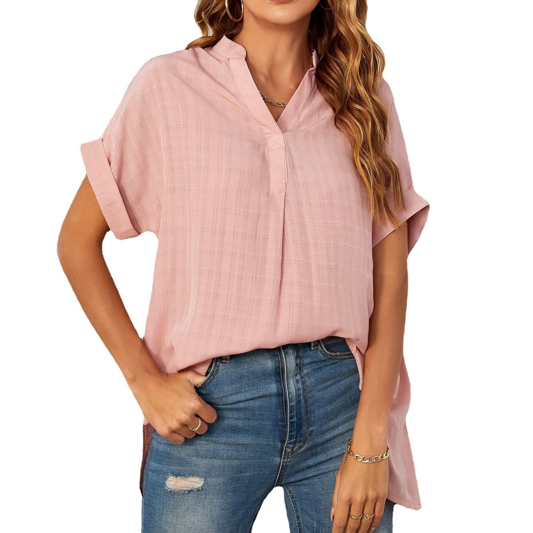 A stylish Women's V-Neck Short Sleeve Solid Color Thin Loose Check Shirt displayed on a mannequin, showcasing its elegant design and comfortable fit.