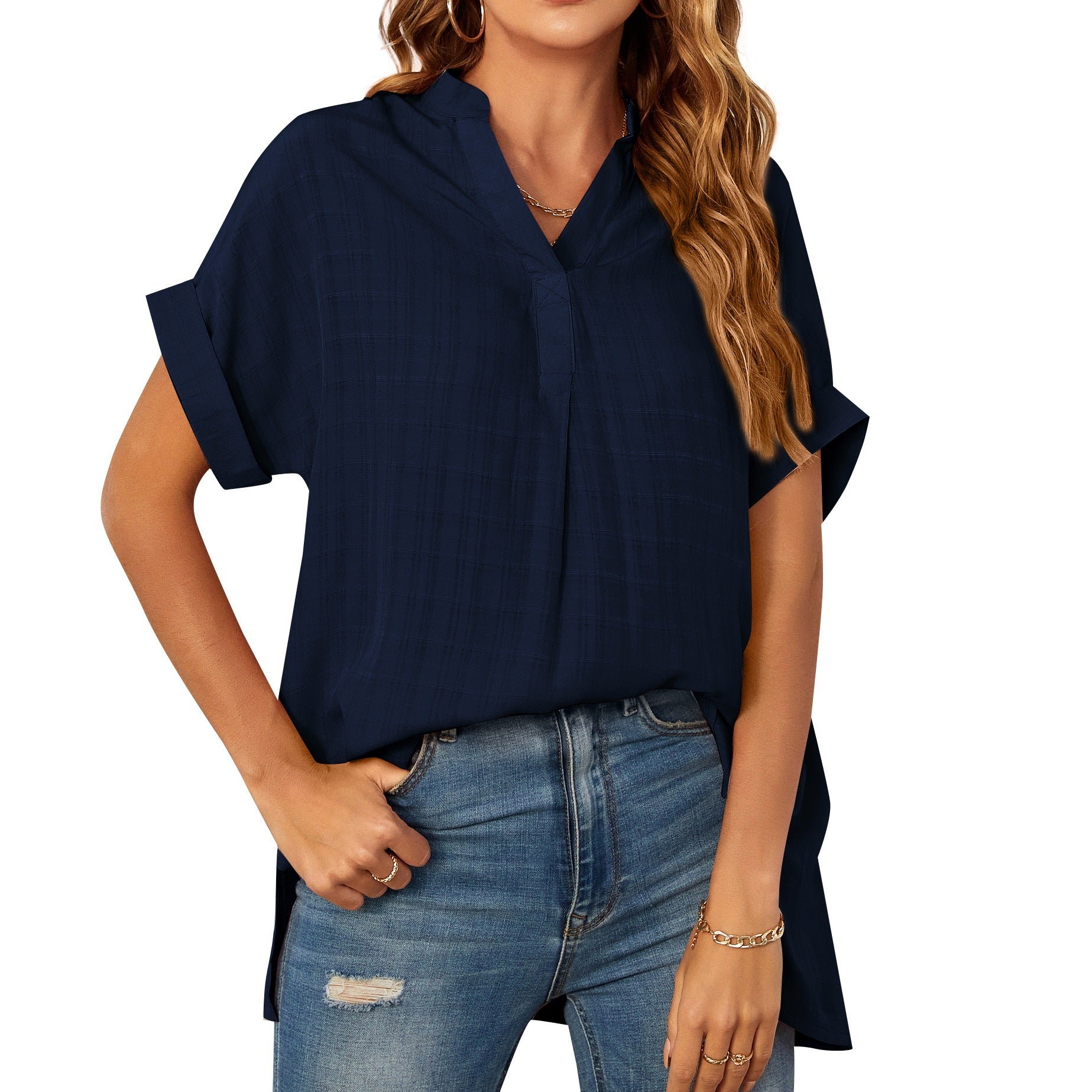A stylish Women's V-Neck Short Sleeve Solid Color Thin Loose Check Shirt displayed on a mannequin, showcasing its elegant design and comfortable fit.