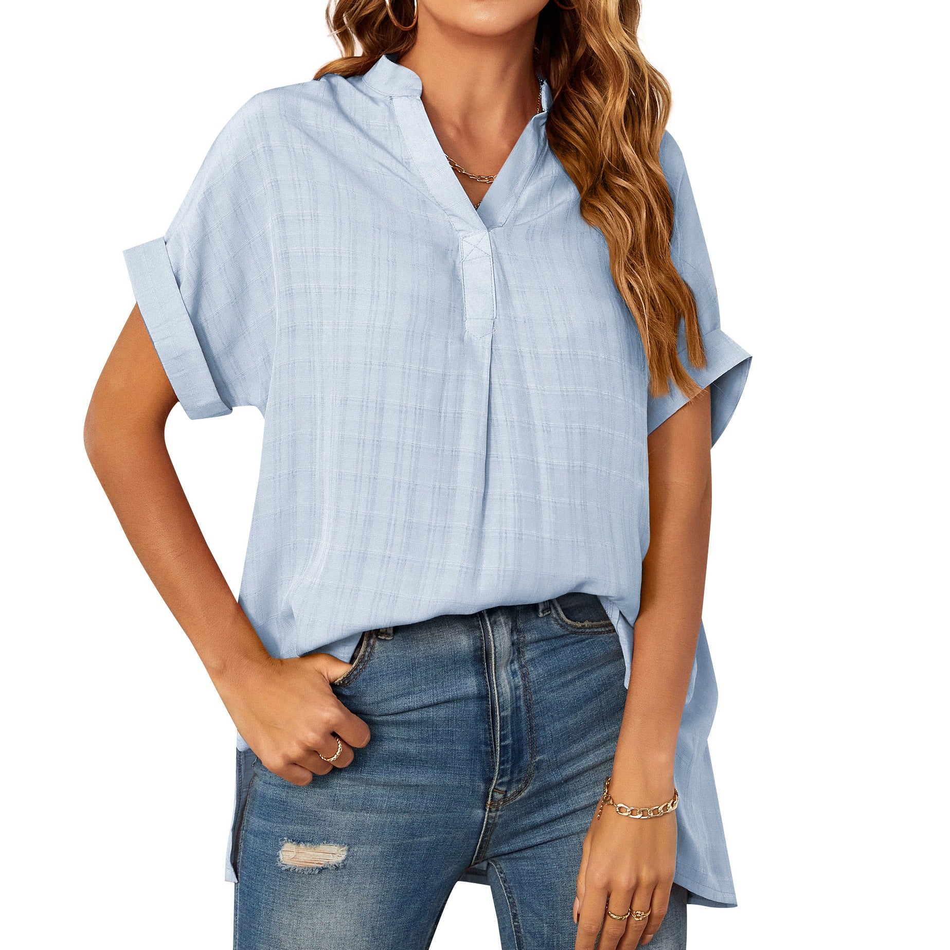 A stylish Women's V-Neck Short Sleeve Solid Color Thin Loose Check Shirt displayed on a mannequin, showcasing its elegant design and comfortable fit.