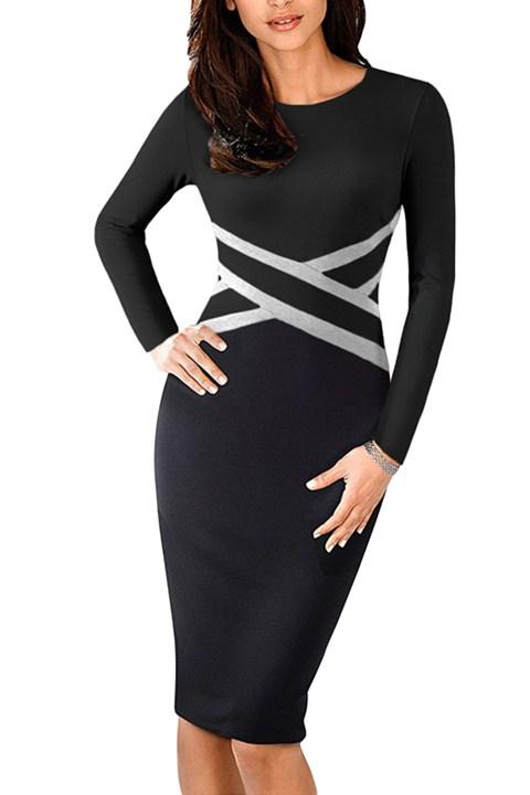 A stylish black long sleeve sheath dress with contrast waist detail, perfect for work and casual occasions.