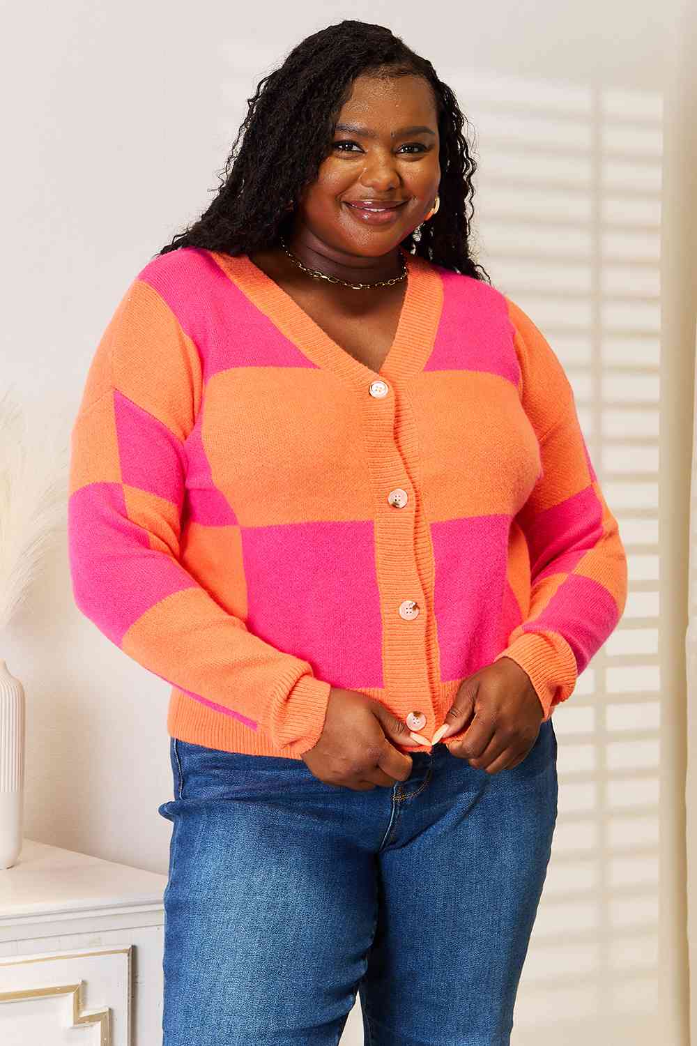 Woven Right Checkered V-Neck Dropped Shoulder Cardigan in a stylish checkered pattern, showcasing its V-neck and dropped shoulder design.