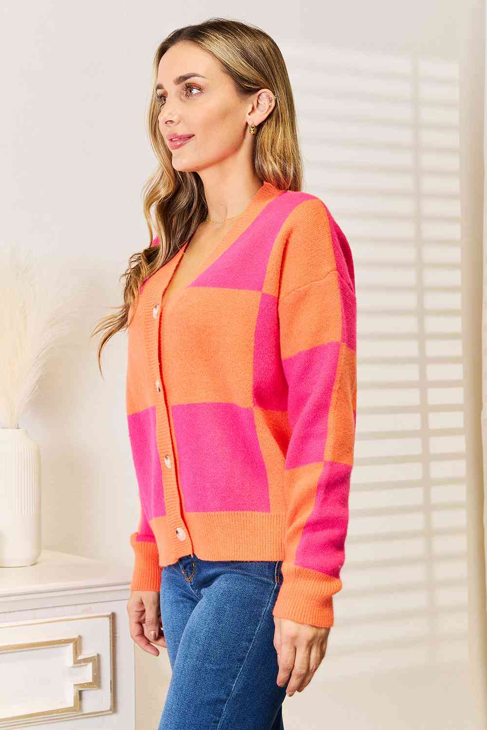 Woven Right Checkered V-Neck Dropped Shoulder Cardigan in a stylish checkered pattern, showcasing its V-neck and dropped shoulder design.