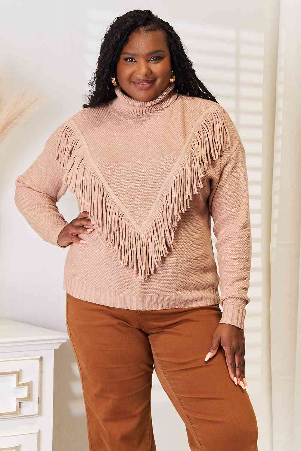 Woven Right Turtleneck Fringe Front Long Sleeve Sweater featuring a chic turtleneck and playful fringe detail, perfect for winter fashion.