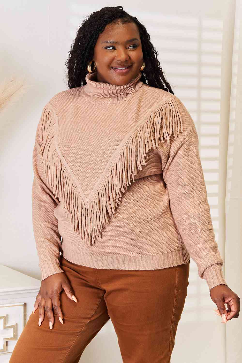 Woven Right Turtleneck Fringe Front Long Sleeve Sweater featuring a chic turtleneck and playful fringe detail, perfect for winter fashion.