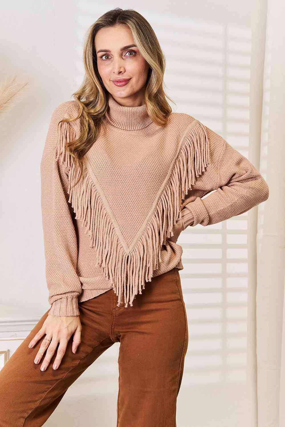 Woven Right Turtleneck Fringe Front Long Sleeve Sweater featuring a chic turtleneck and playful fringe detail, perfect for winter fashion.